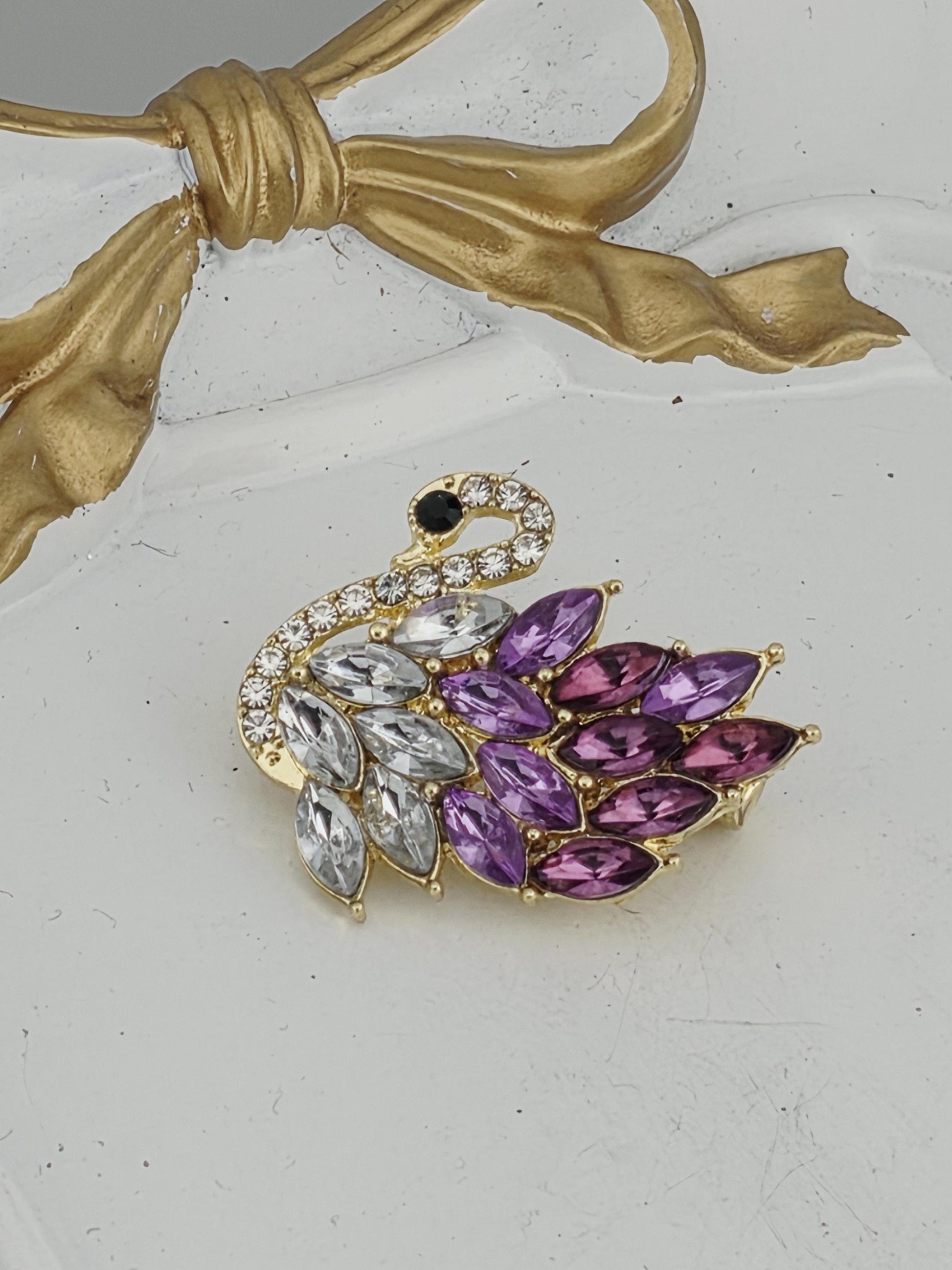 Swan Brooch, gold Plated with Pink & Purple Rhinestones (Compact Lapel Pin)