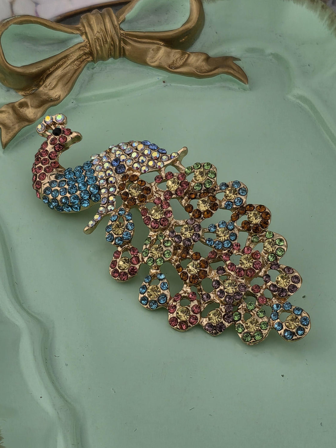 Sparkling Peacock Brooch - Multicolor Rhinestones on Gold Tone | Handmade Pin | Jacket Scarf Hat Accessory | Gift Idea