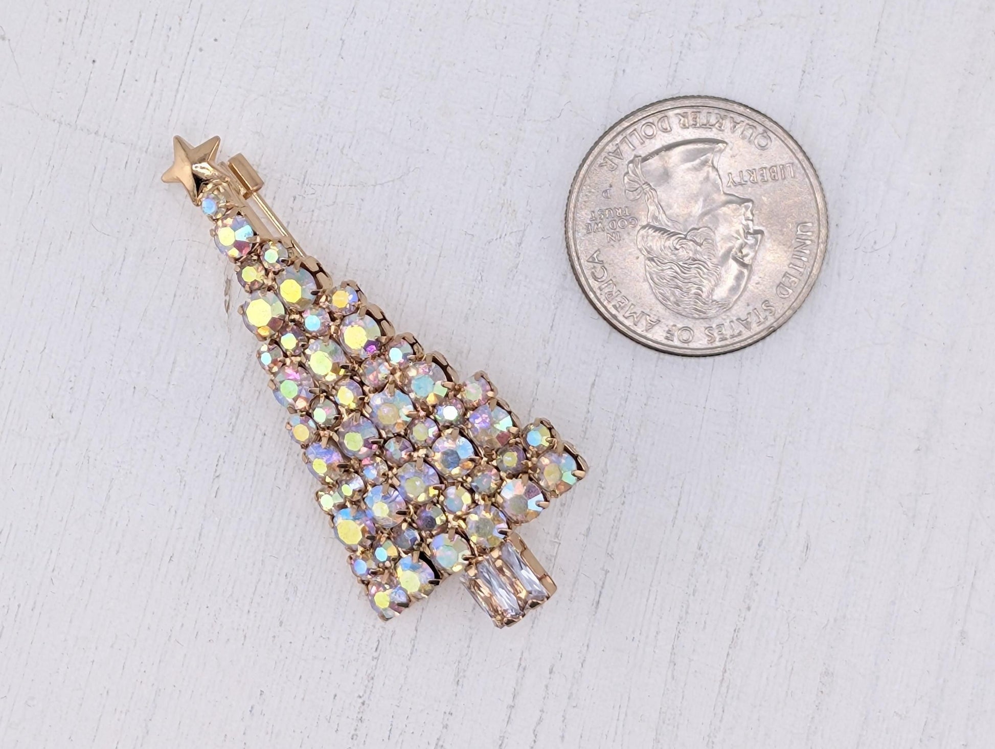 Festive Christmas Tree Pin: Gold Plated with Rhinestones | Handmade Pin | Jacket Scarf Hat Accessory | Gift Idea