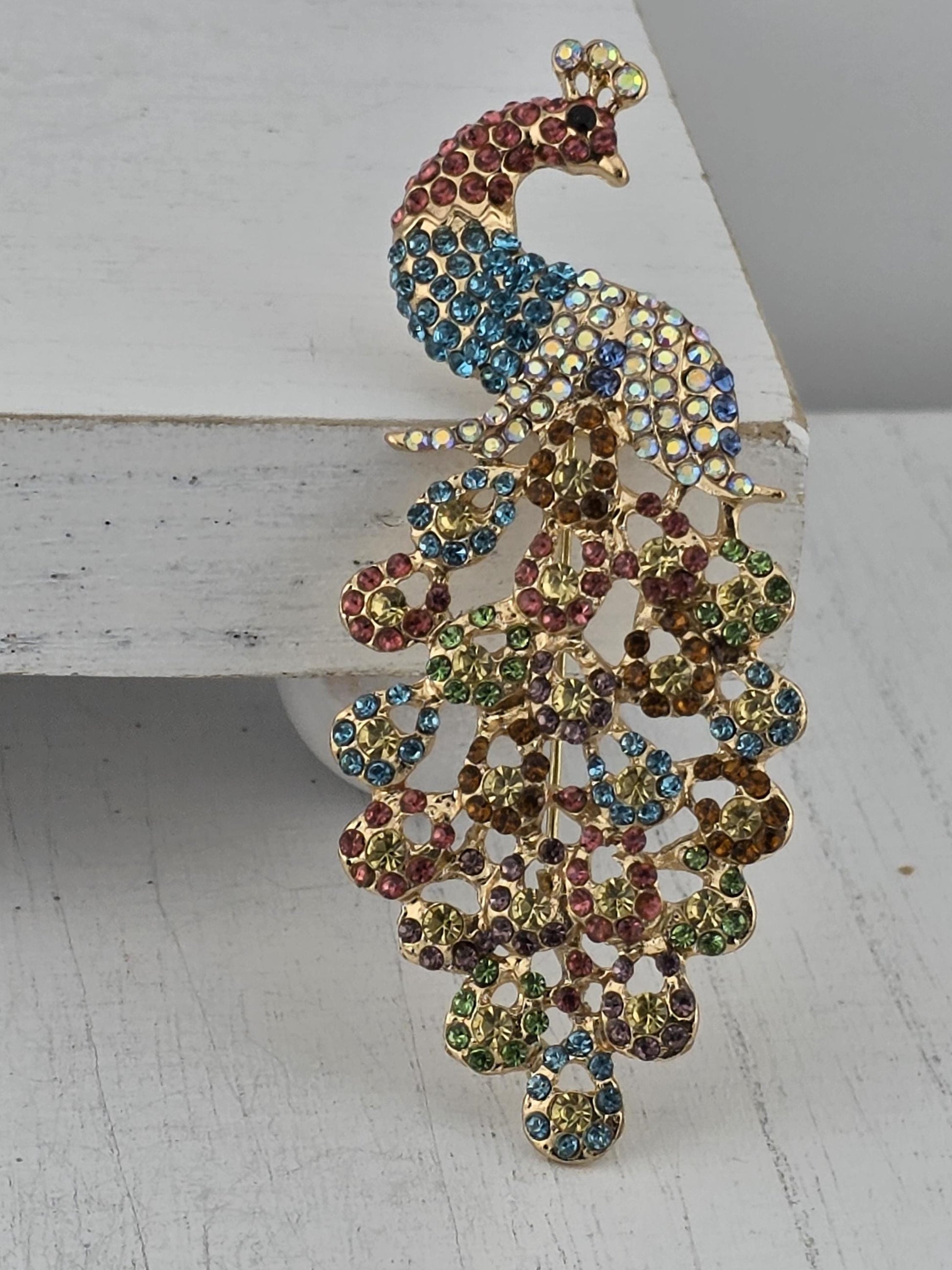 Sparkling Peacock Brooch - Multicolor Rhinestones on Gold Tone | Handmade Pin | Jacket Scarf Hat Accessory | Gift Idea