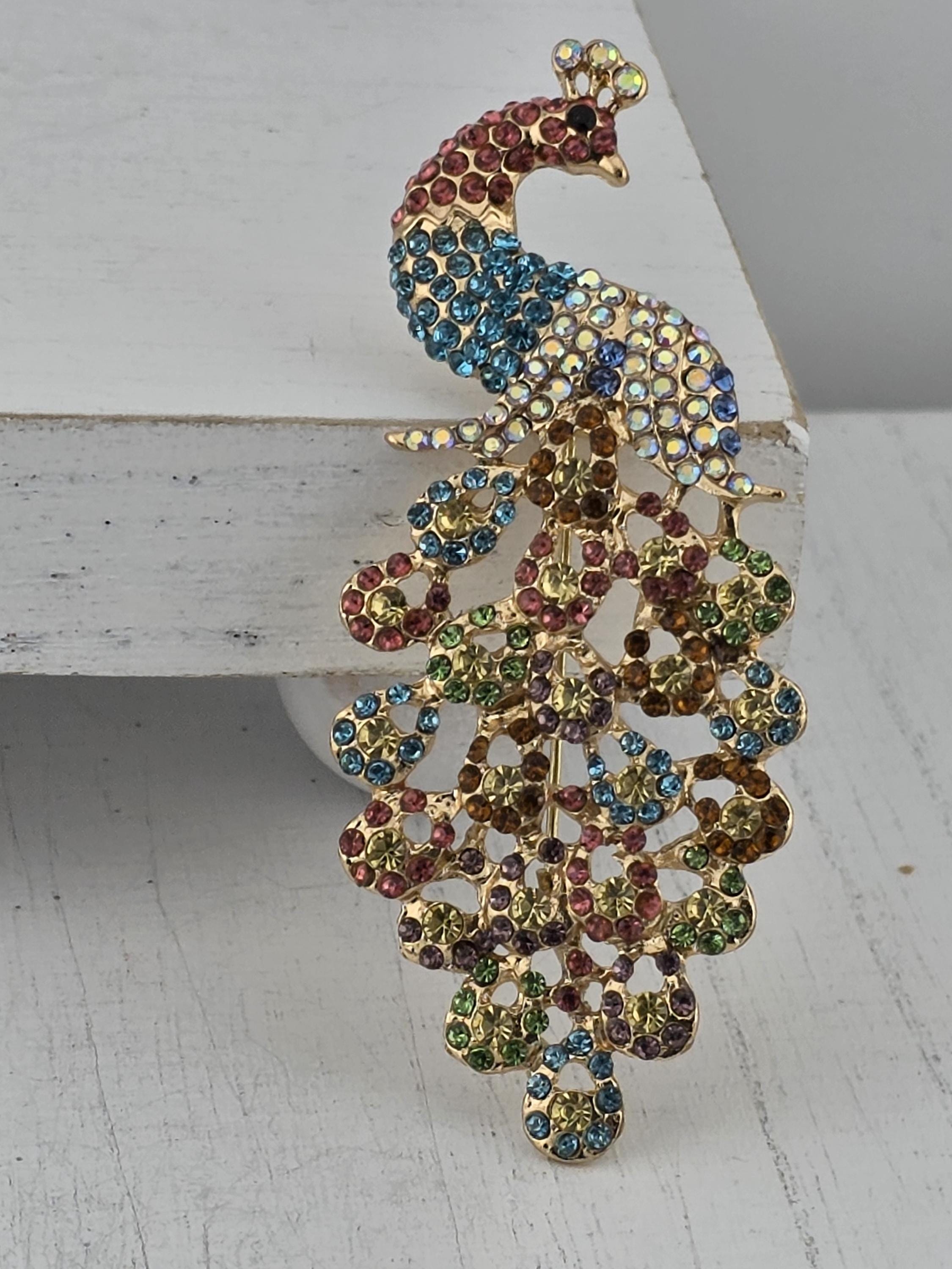 Sparkling Peacock Brooch - Multicolor Rhinestones on Gold Tone | Handmade Pin | Jacket Scarf Hat Accessory | Gift Idea