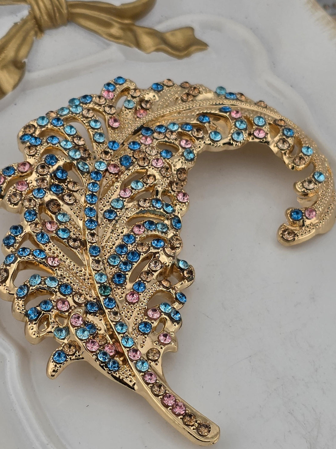 Gold Plated Feather Brooch, Aqua Pink Accents (Lightweight, Elegant Pin)