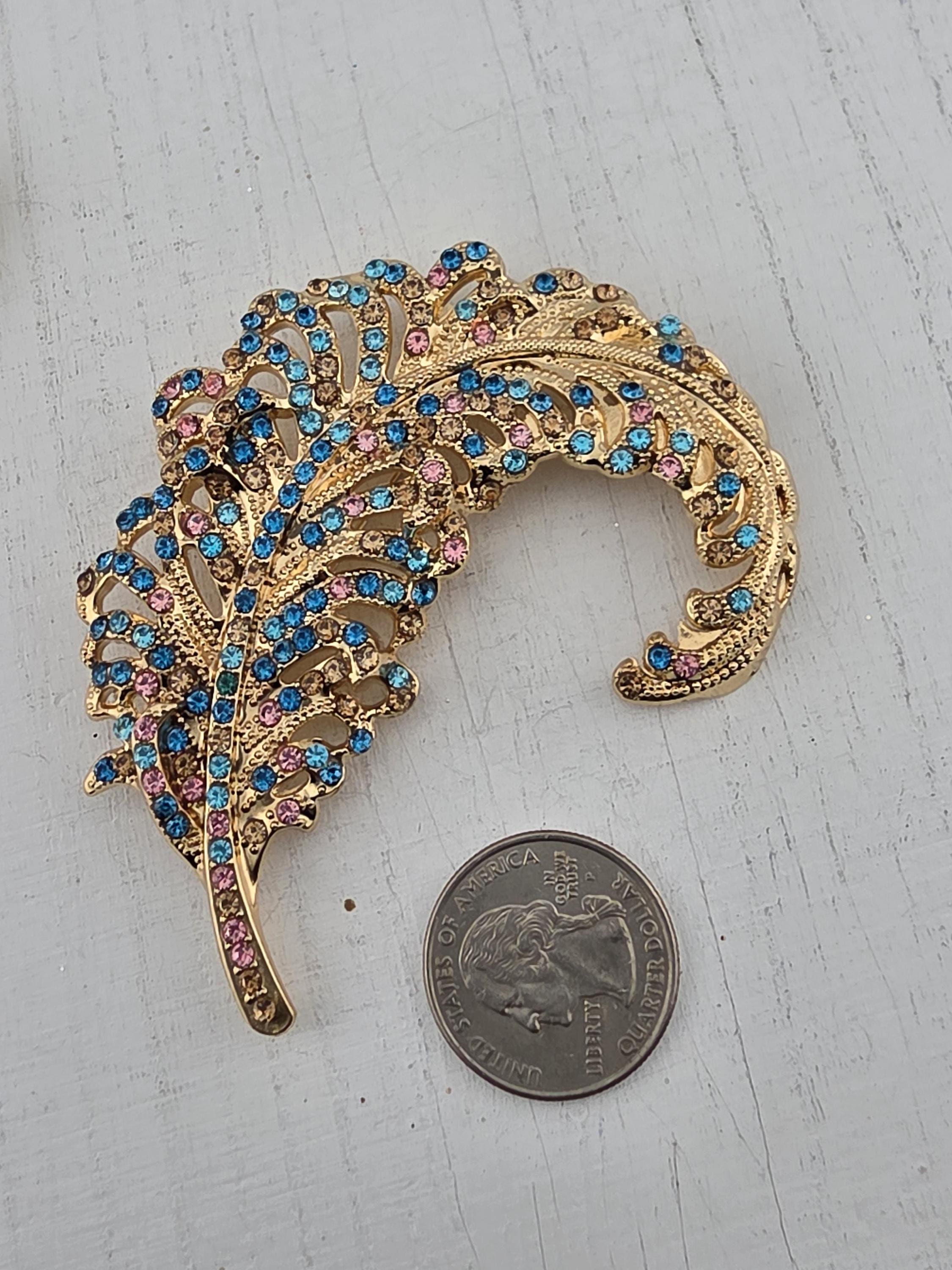 Gold Plated Feather Brooch, Aqua Pink Accents (Lightweight, Elegant Pin) | Handmade Pin | Jacket Scarf Hat Accessory | Gift Idea