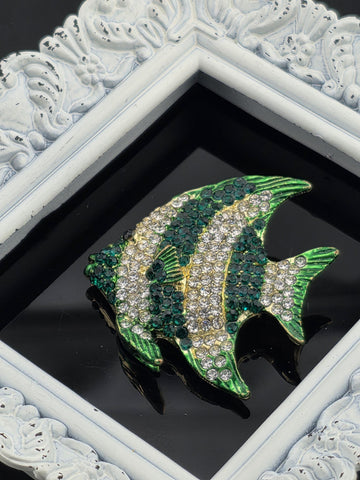 Fish Brooch Pin: Gold Plated, Emerald and Clear Rhinestones (Compact Size)