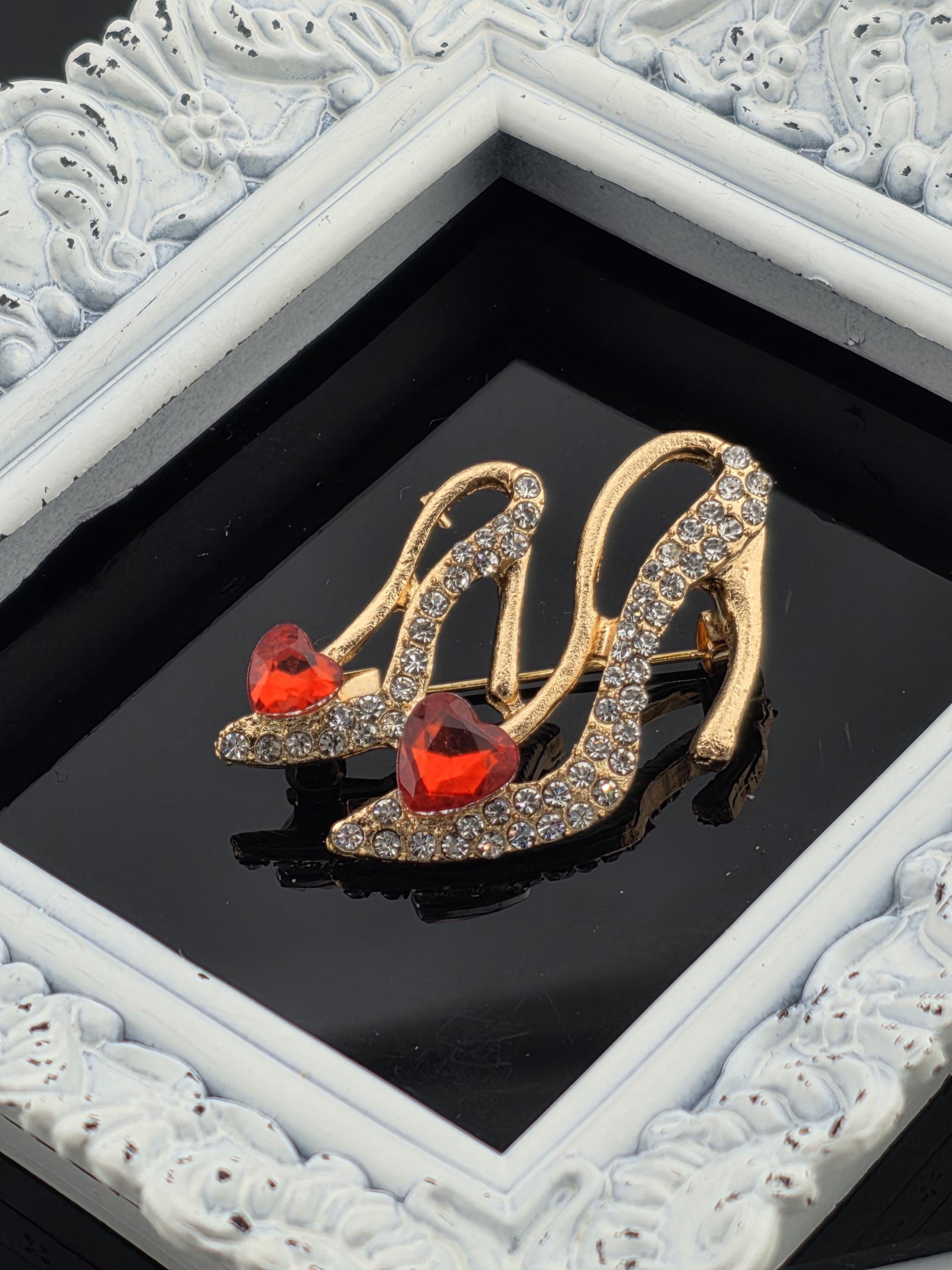 Gold Plated High Heel Brooch Ruby Rhinestone (Pin for Scarves or Bags)