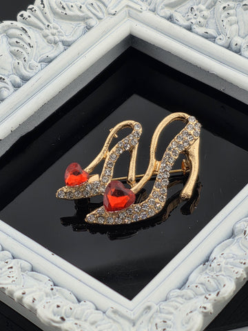 Gold Plated High Heel Brooch Ruby Rhinestone (Pin for Scarves or Bags)