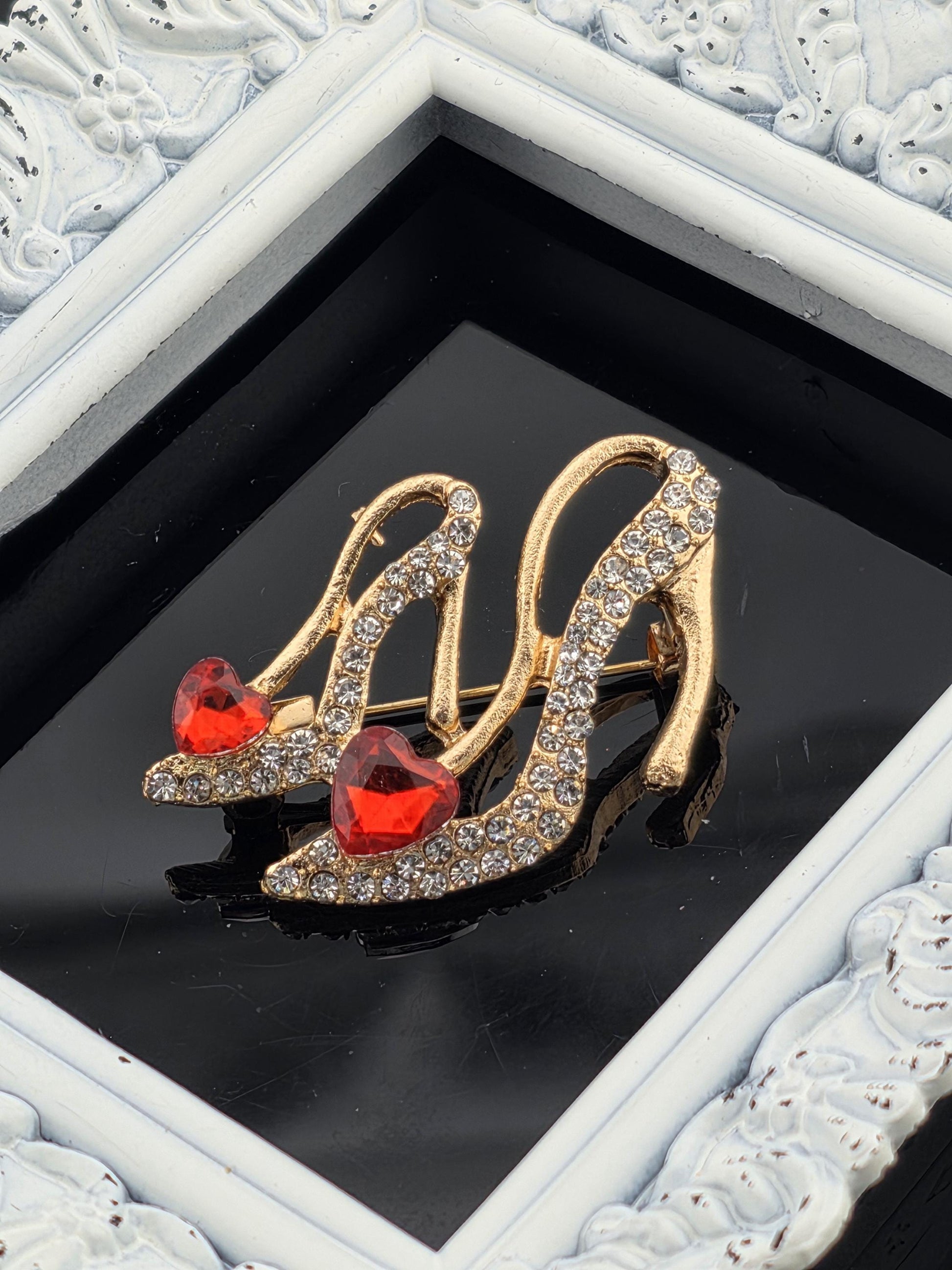 Gold Plated High Heel Brooch Ruby Rhinestone (Pin for Scarves or Bags)