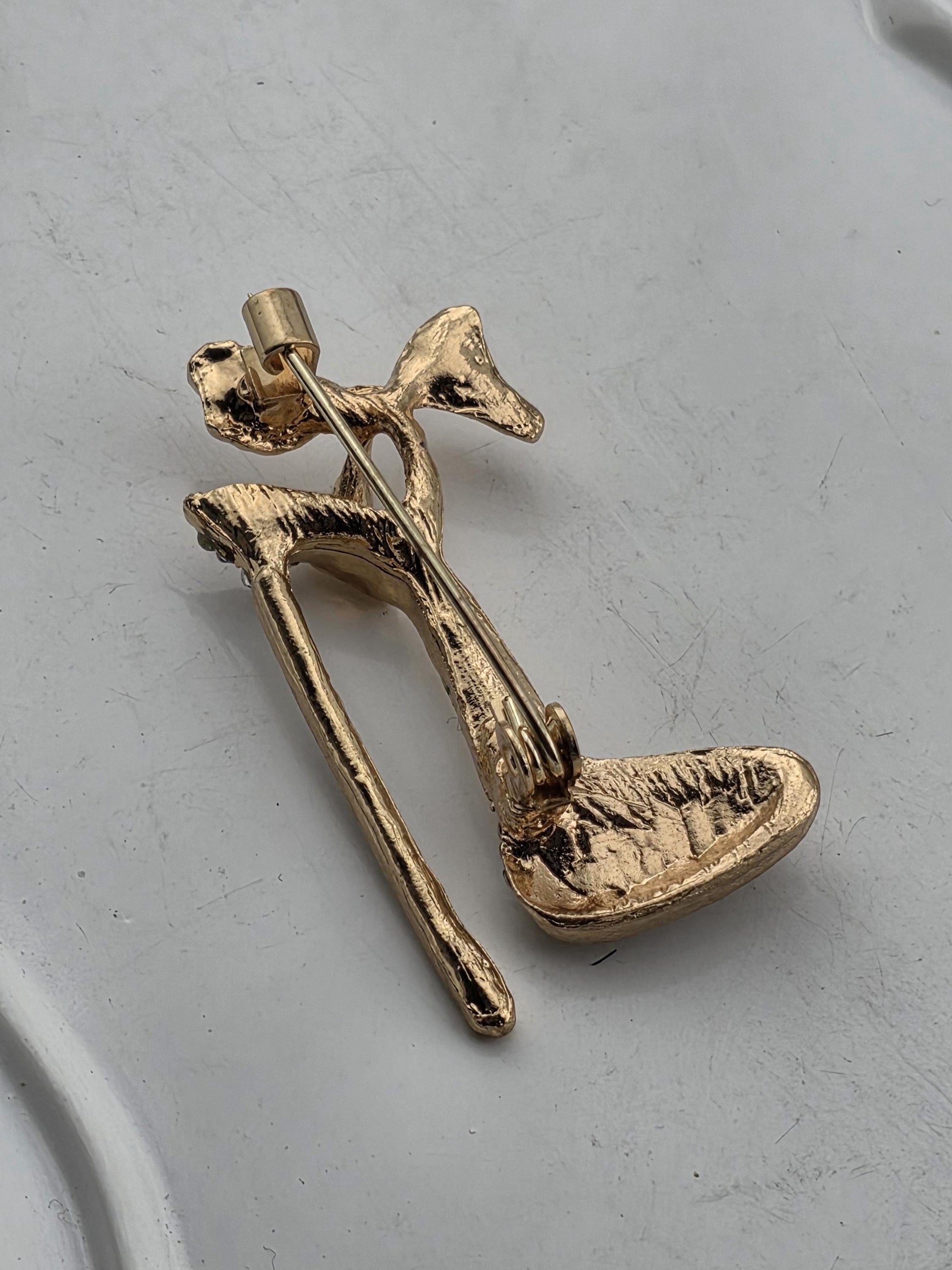 Gold Plated High Heel Brooch: Colorful Rhinestones, 1.5 Inch Pin