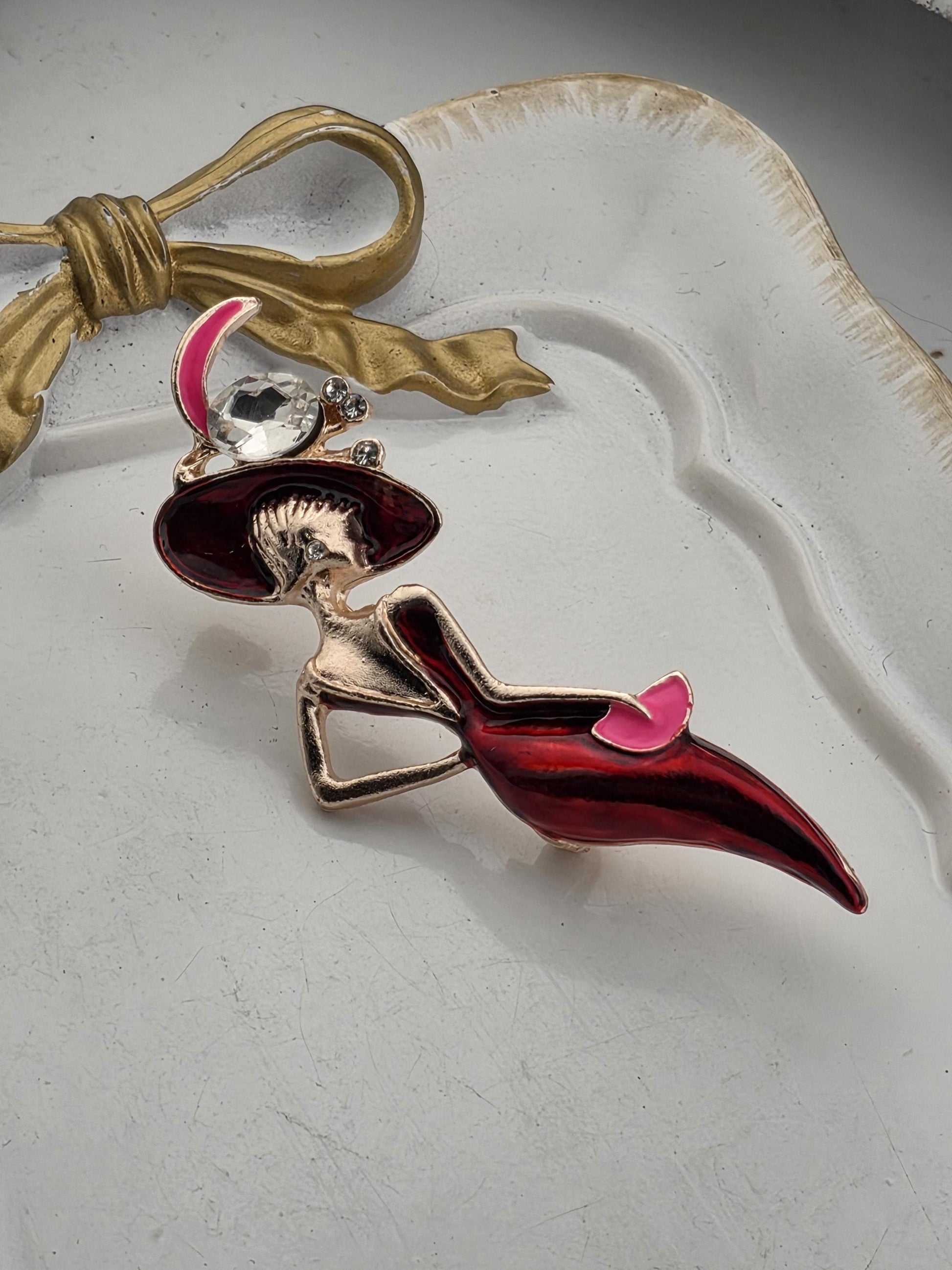 Lady in Red Brooch, Rose Gold Plated with Rhinestones (Compact Pin)