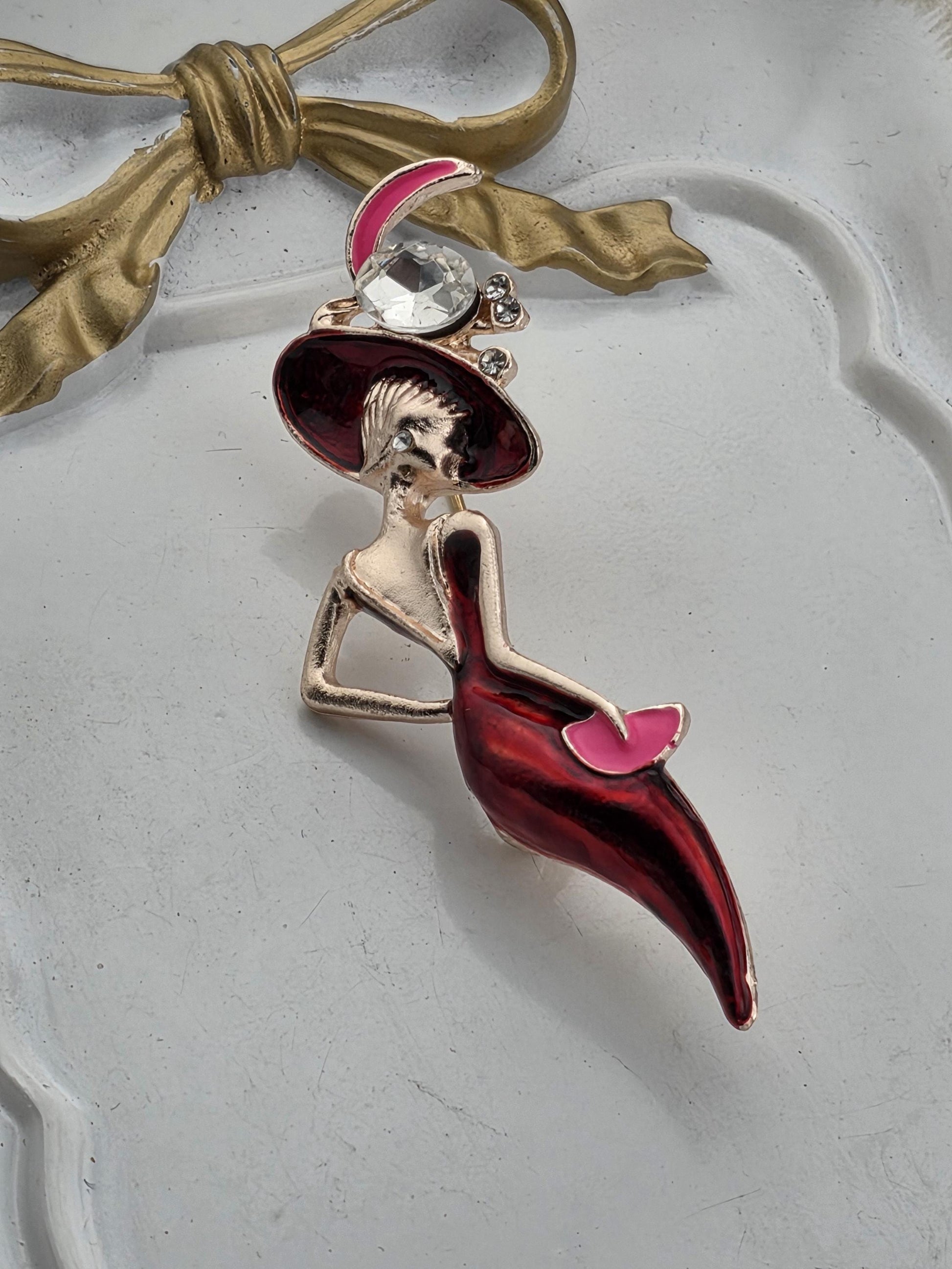 Lady in Red Brooch, Rose Gold Plated with Rhinestones (Compact Pin)