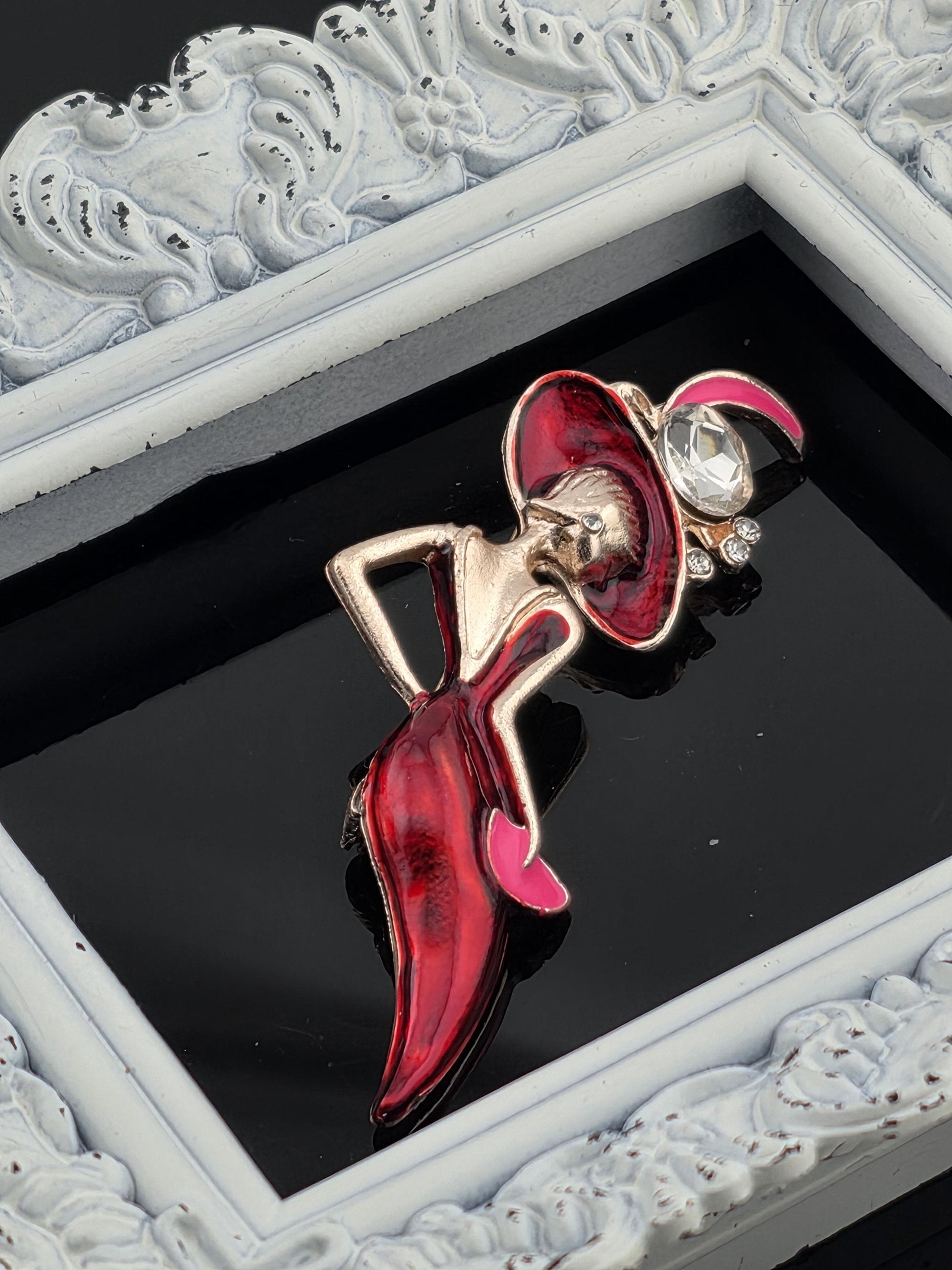 Lady in Red Brooch, Rose Gold Plated with Rhinestones (Compact Pin) | Handmade Pin | Jacket Scarf Hat Accessory | Gift Idea