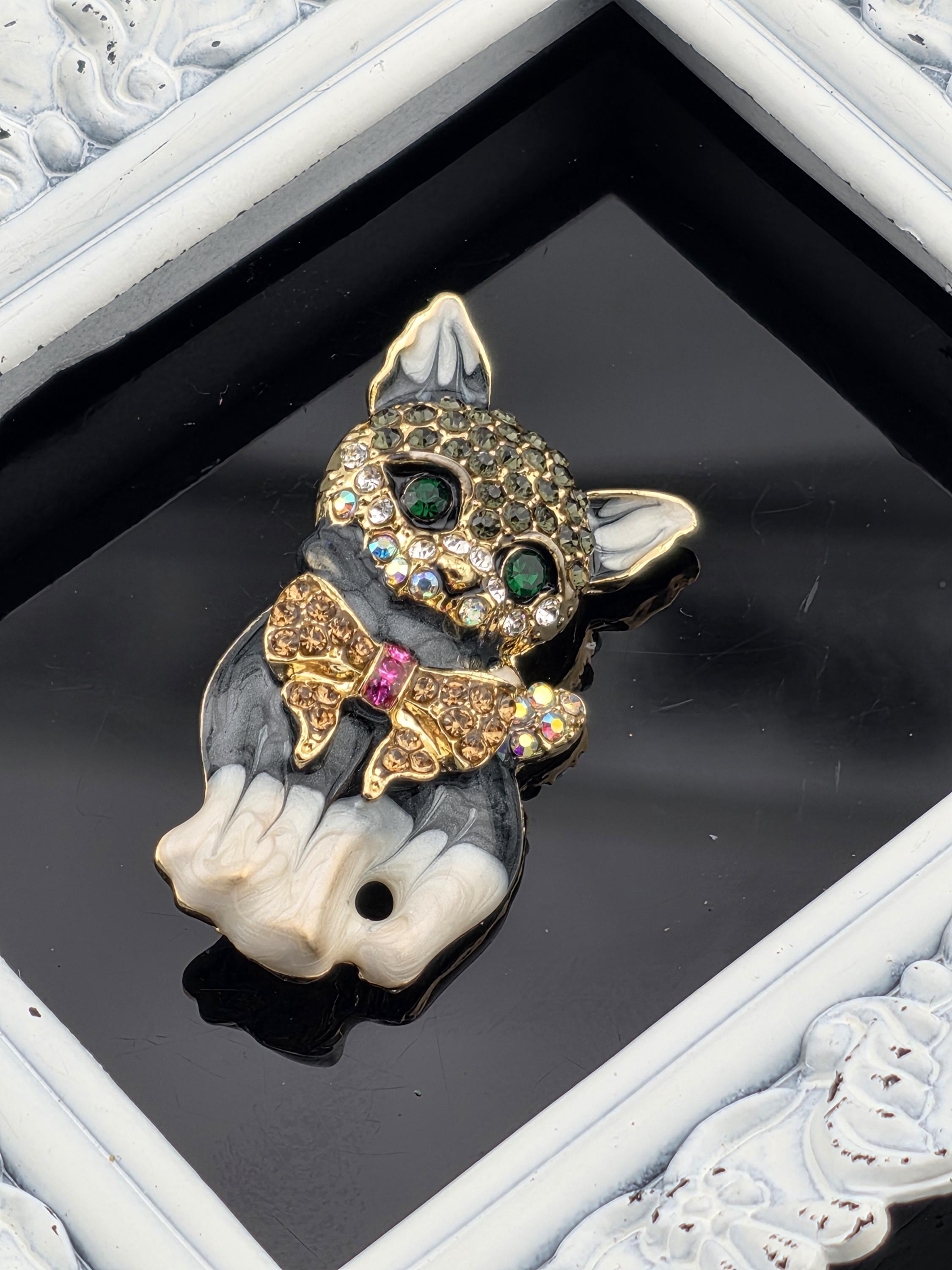 Playful Cat Brooch: Gold Plated Pin with Bowtie and Rhinestone Accent | Handmade Pin | Jacket Scarf Hat Accessory | Gift Idea