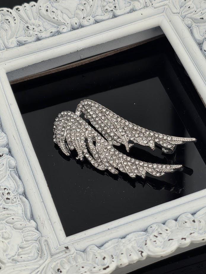 A pair of sparkling rhinestones or crystals set within a white ornate frame, creating a visually striking display.