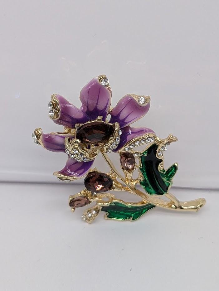 Gold Plated Lilac Flower Brooch: Delicate Floral Pin with Rhinestones