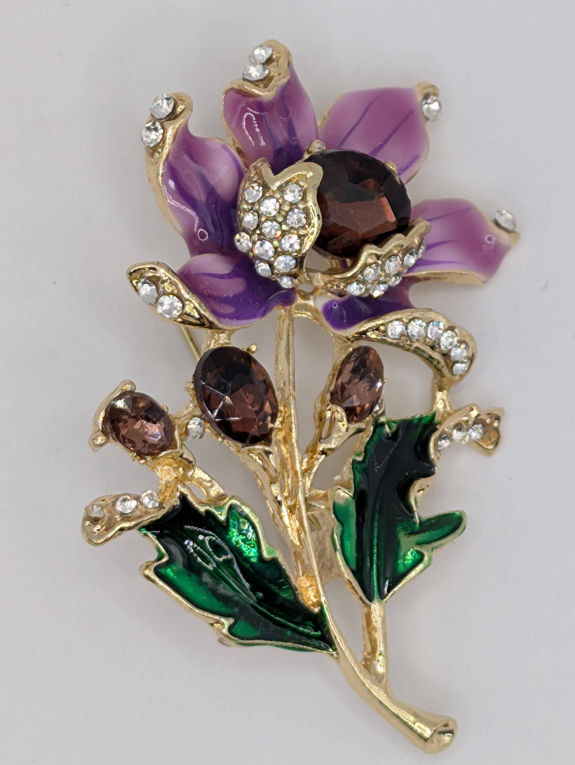 Gold Plated Lilac Flower Brooch: Delicate Floral Pin with Rhinestones