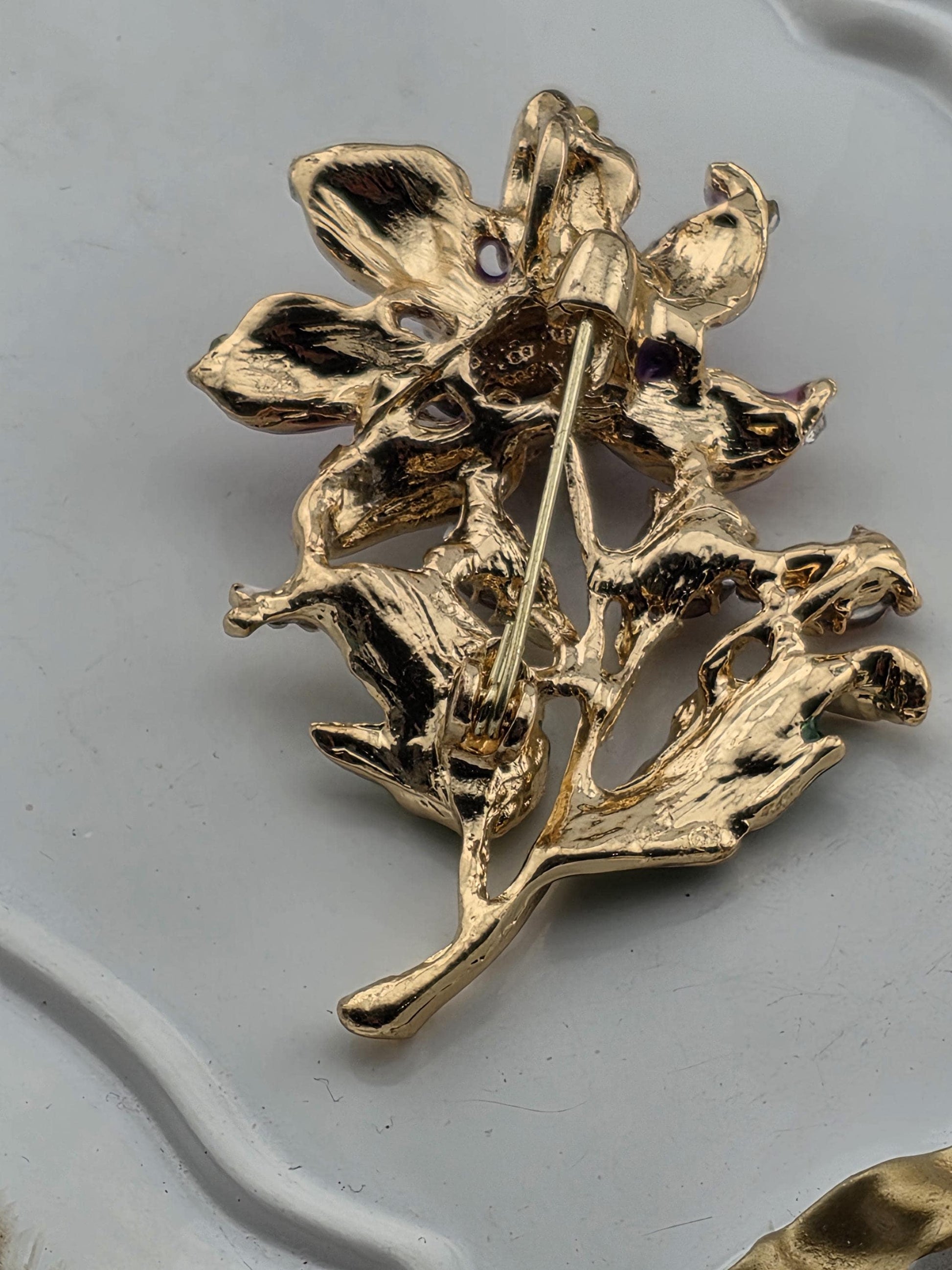 Gold Plated Lilac Flower Brooch: Delicate Floral Pin with Rhinestones