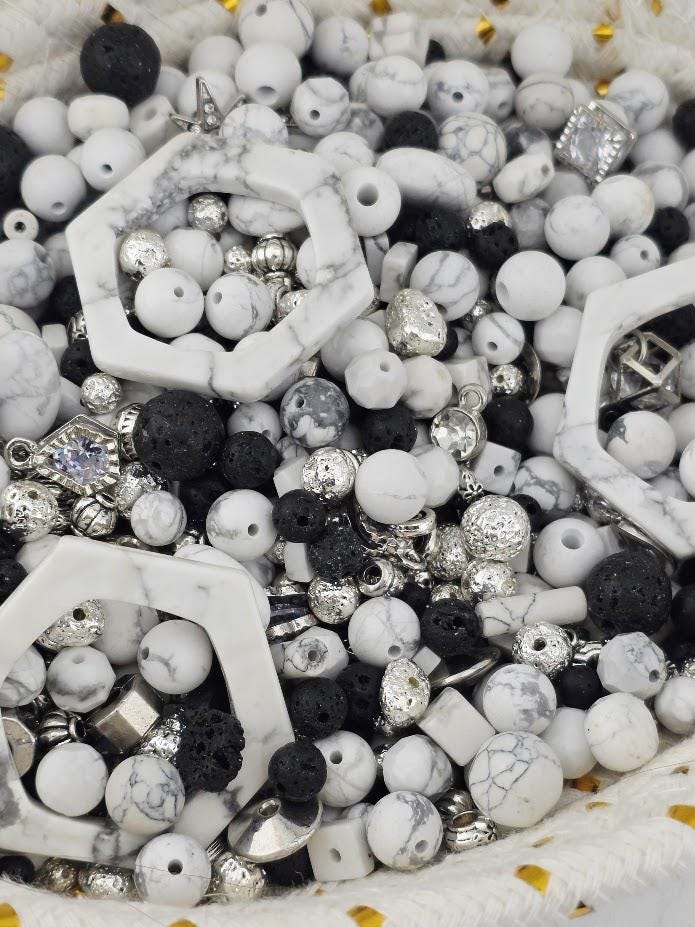Exclusive "Frosted Lava" Howlite & Lava Stone Mix: Natural Gemstone Beads for Jewelry Making (2oz pkg) | Jewelry Making Bracelet Supply