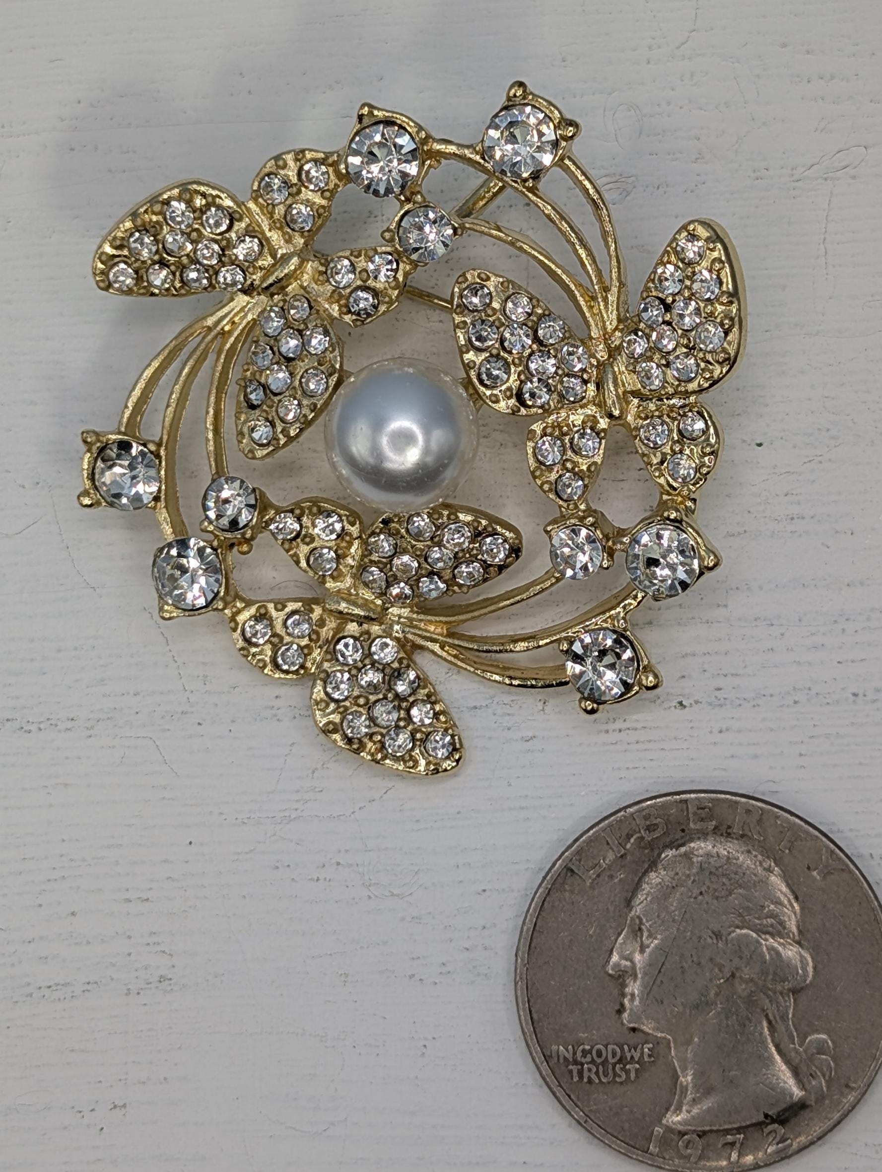 Butterfly Brooch Pin: Gold Plated Rhinestone Pendant (1.5 Inch for Bags or Jackets) | Handmade Pin | Jacket Scarf Hat Accessory | Gift Idea