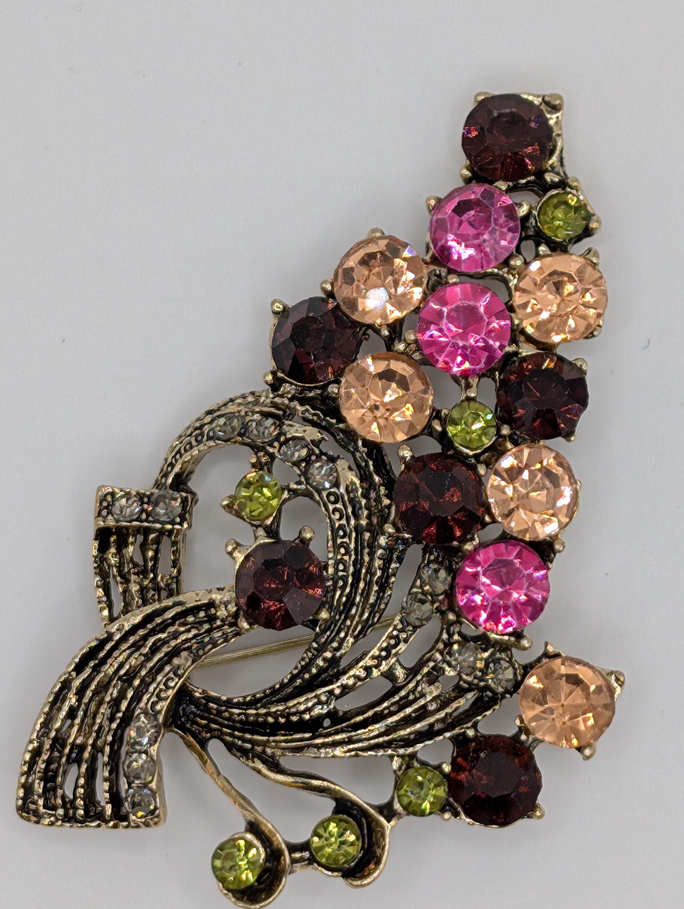 Cornucopia Brooch:Golden Bronze Plated Pin with Colorful Rhinestones | Handmade Pin | Jacket Scarf Hat Accessory | Gift Idea