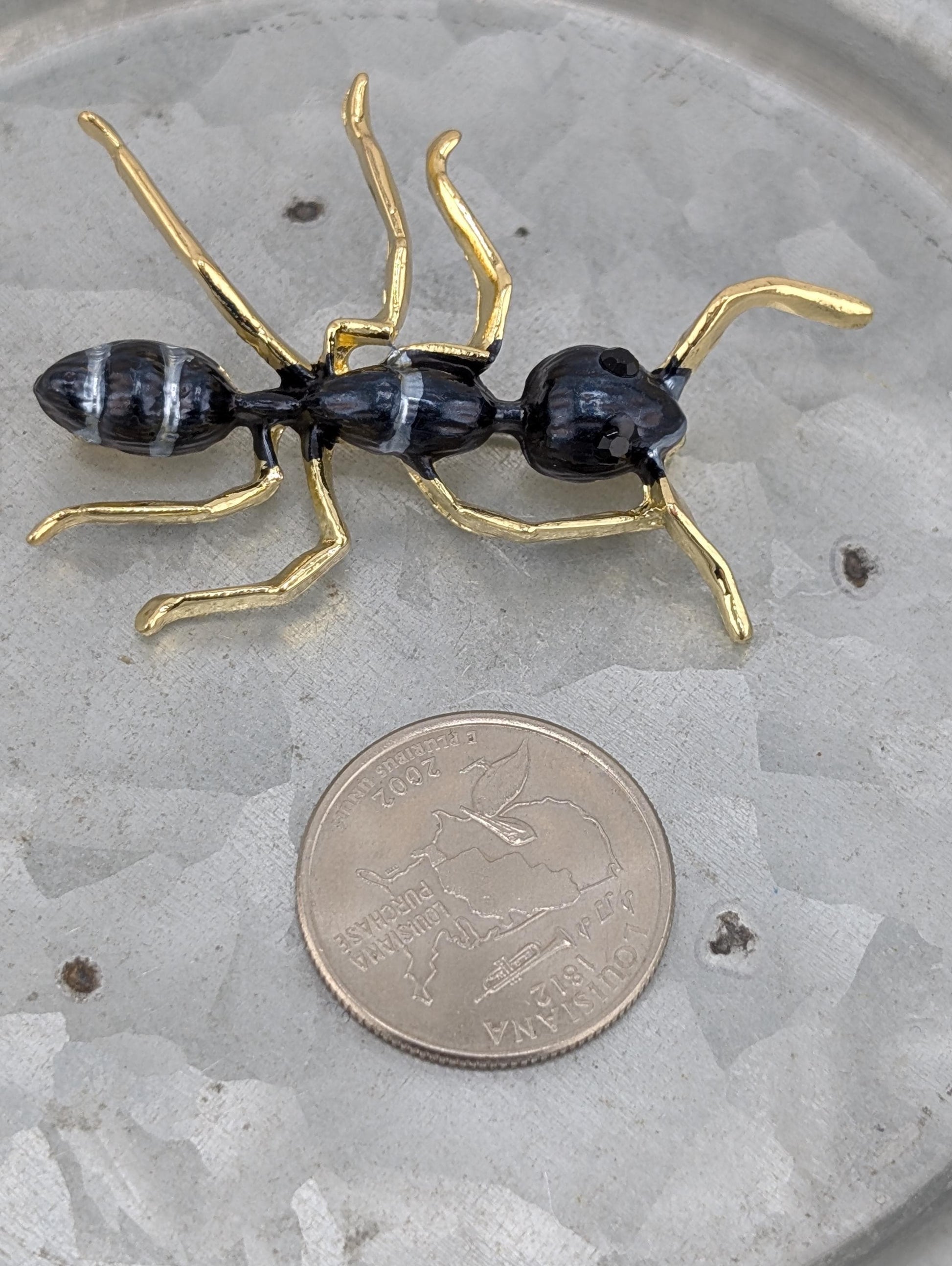 Gold Plated Ant Brooch Pin - Black Enamel Pendant or Bag Accessory