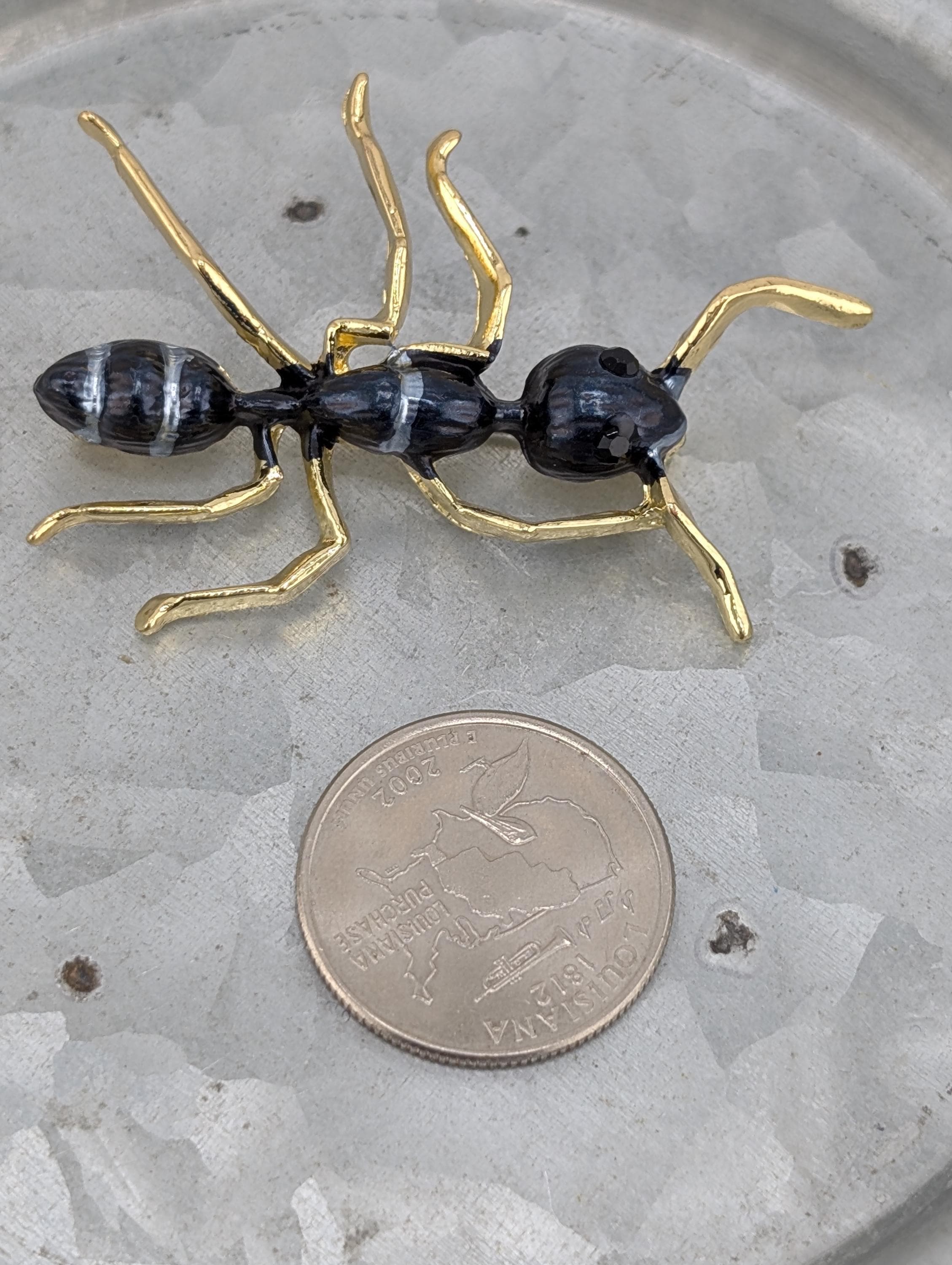 Gold Plated Ant Brooch Pin - Black Enamel Pendant or Bag Accessory