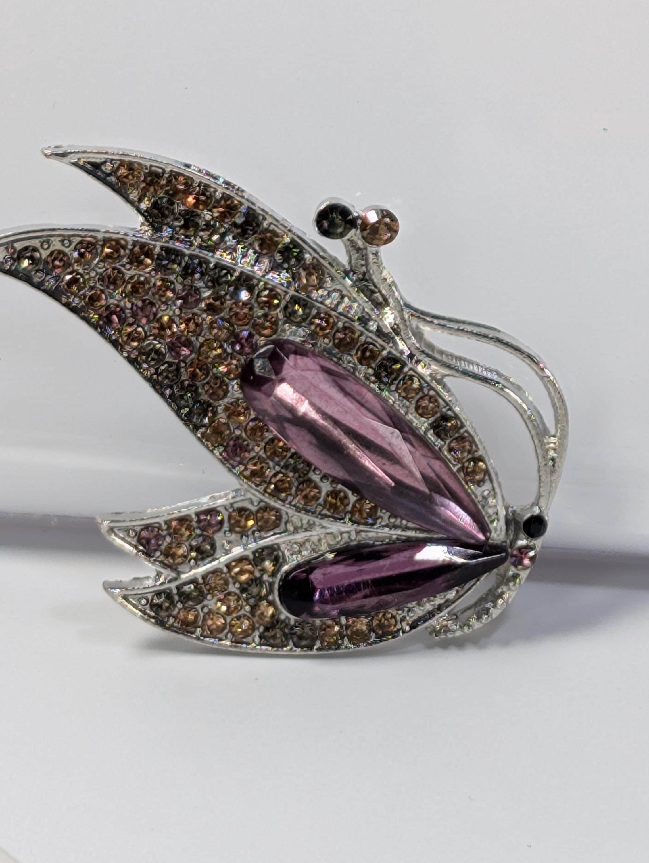 Purple Topaz Brooch Pin, Silver Plated Rhinestone (Secure Clasp)