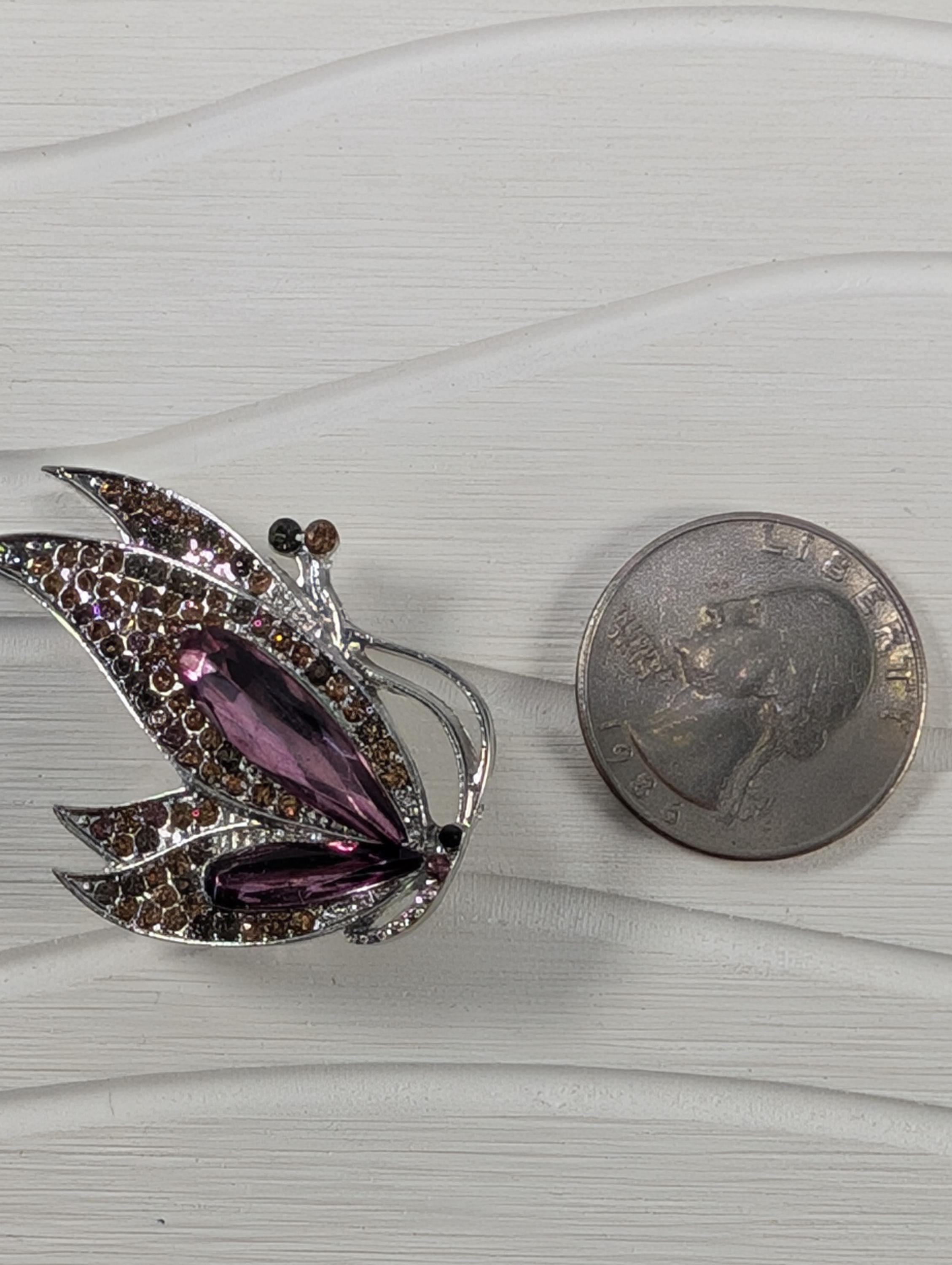 Purple Topaz Brooch Pin, Silver Plated Rhinestone (Secure Clasp)