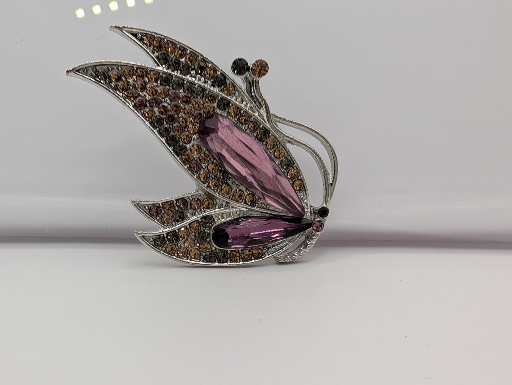 Purple Topaz Brooch Pin, Silver Plated Rhinestone (Secure Clasp)