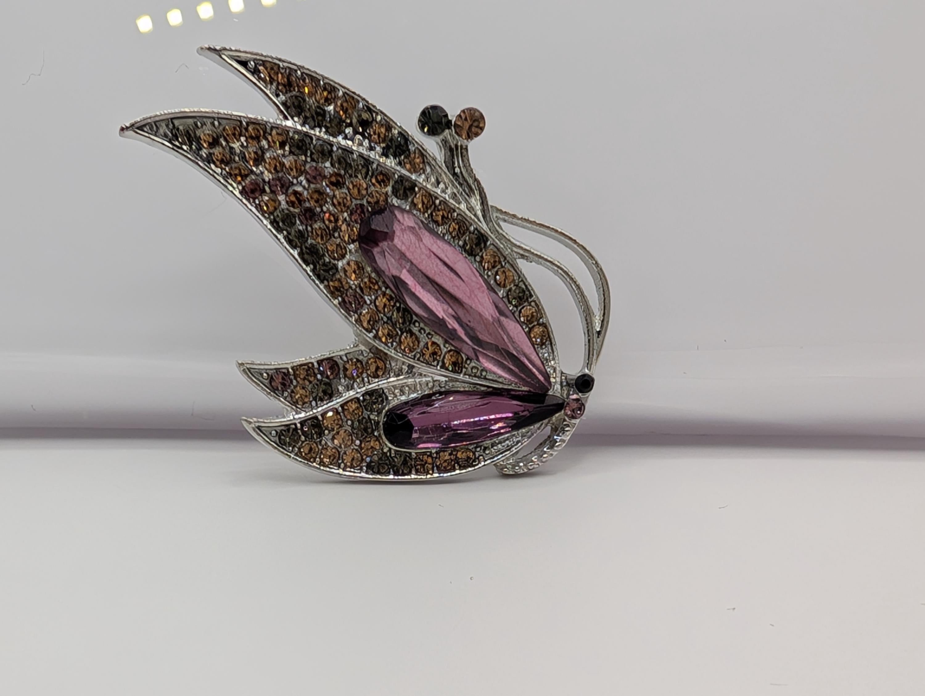 Purple Topaz Brooch Pin, Silver Plated Rhinestone (Secure Clasp)