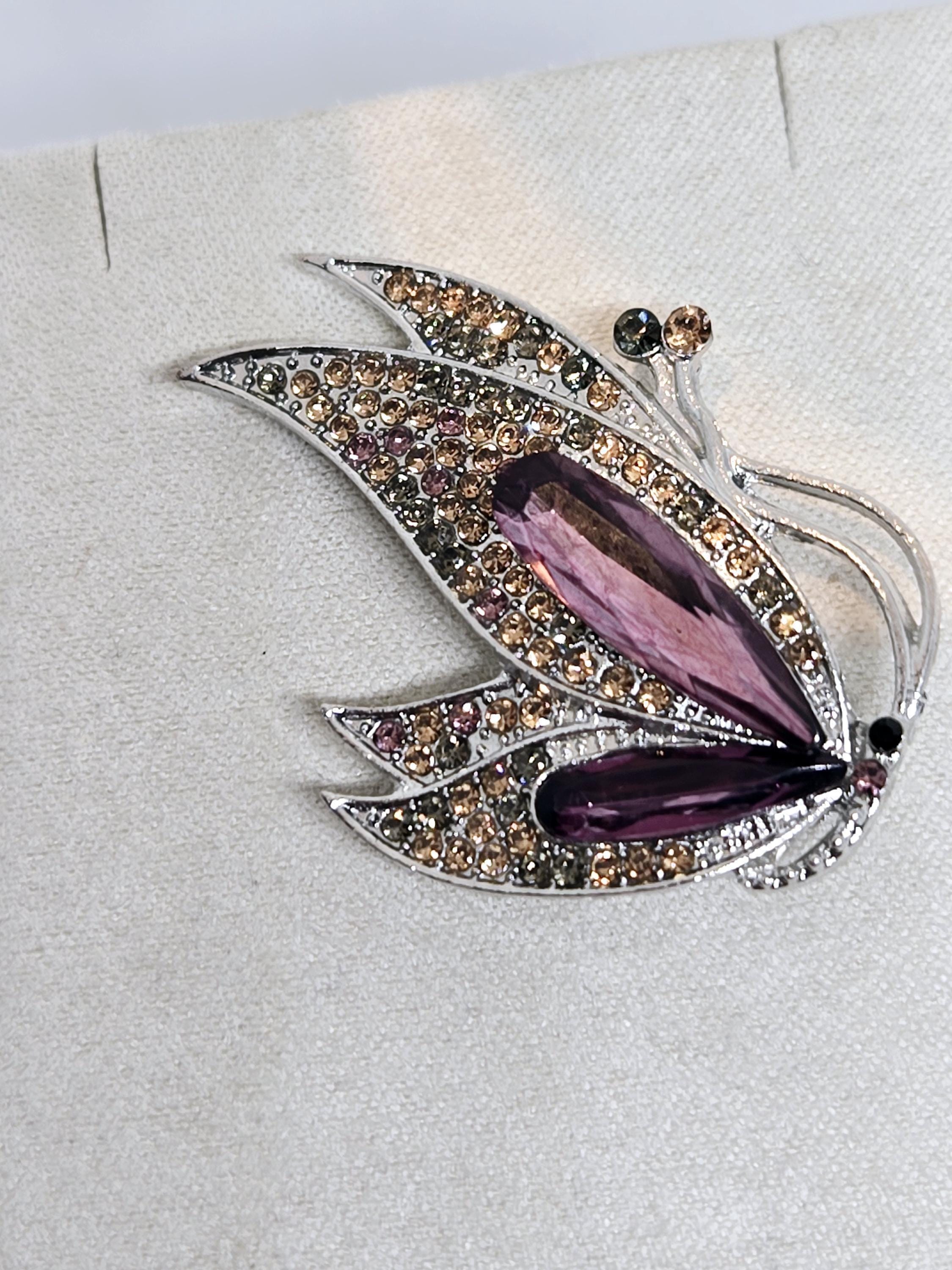 Purple Topaz Brooch Pin, Silver Plated Rhinestone (Secure Clasp)
