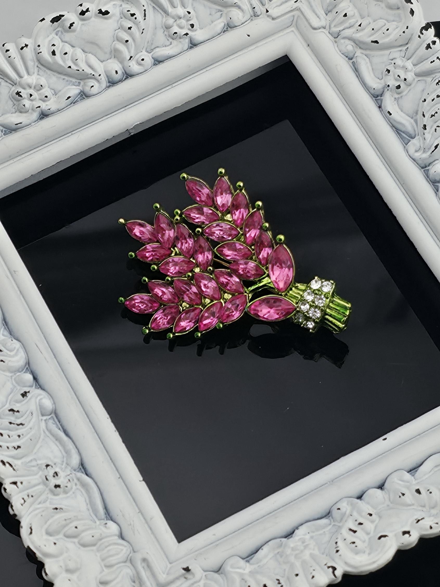 Bamboo Brooch Pin, Gold Plated with Pink Rhinestone (2 Inch)