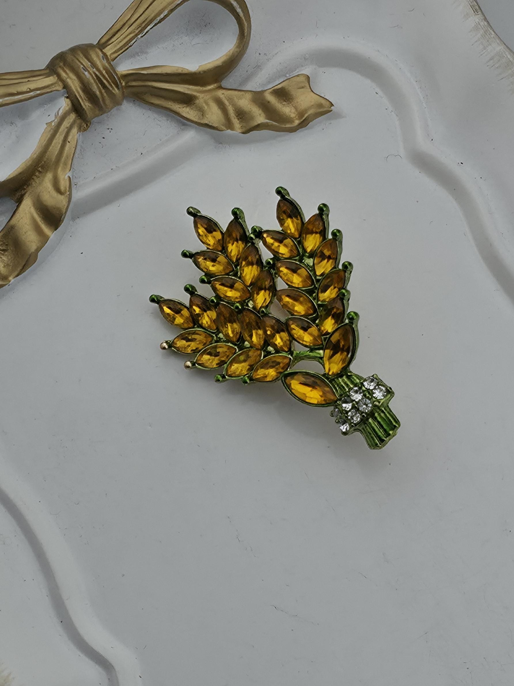 Bamboo Brooch Pin: Orange Rhinestones, Gold Tone Plated