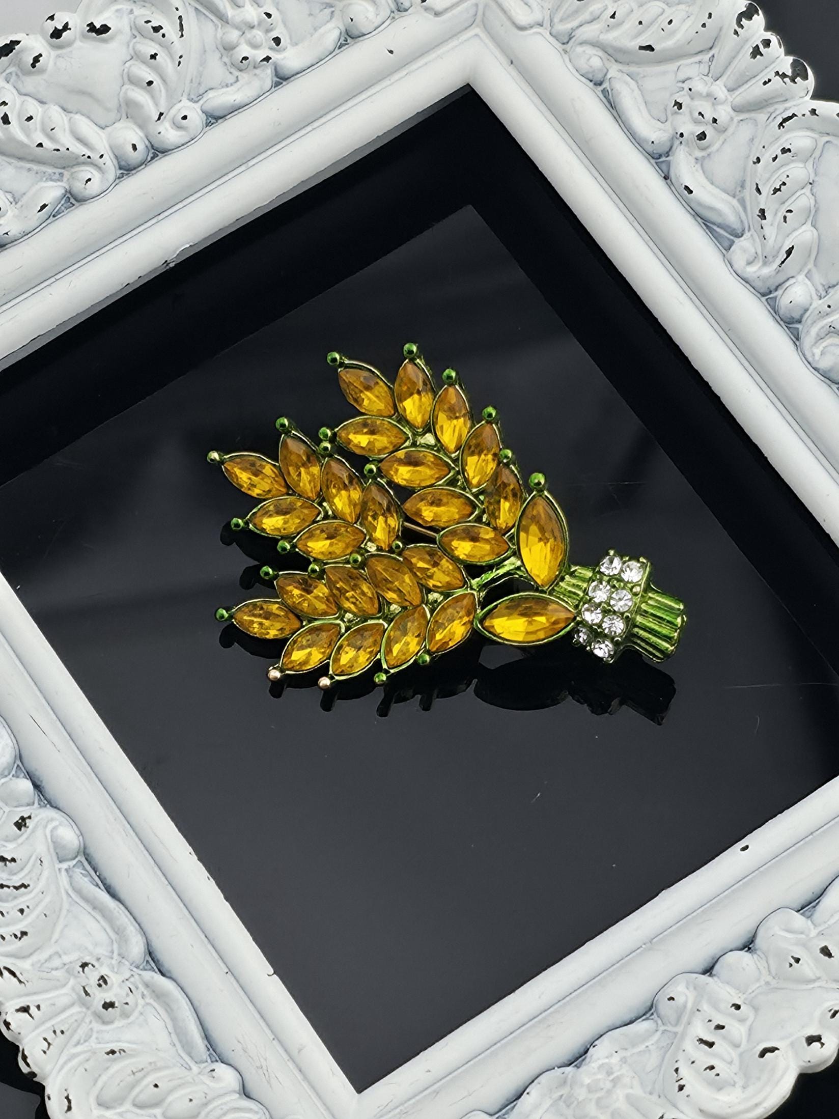 Bamboo Brooch Pin: Orange Rhinestones, Gold Tone Plated