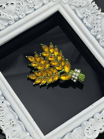 Bamboo Brooch Pin: Orange Rhinestones, Gold Tone Plated