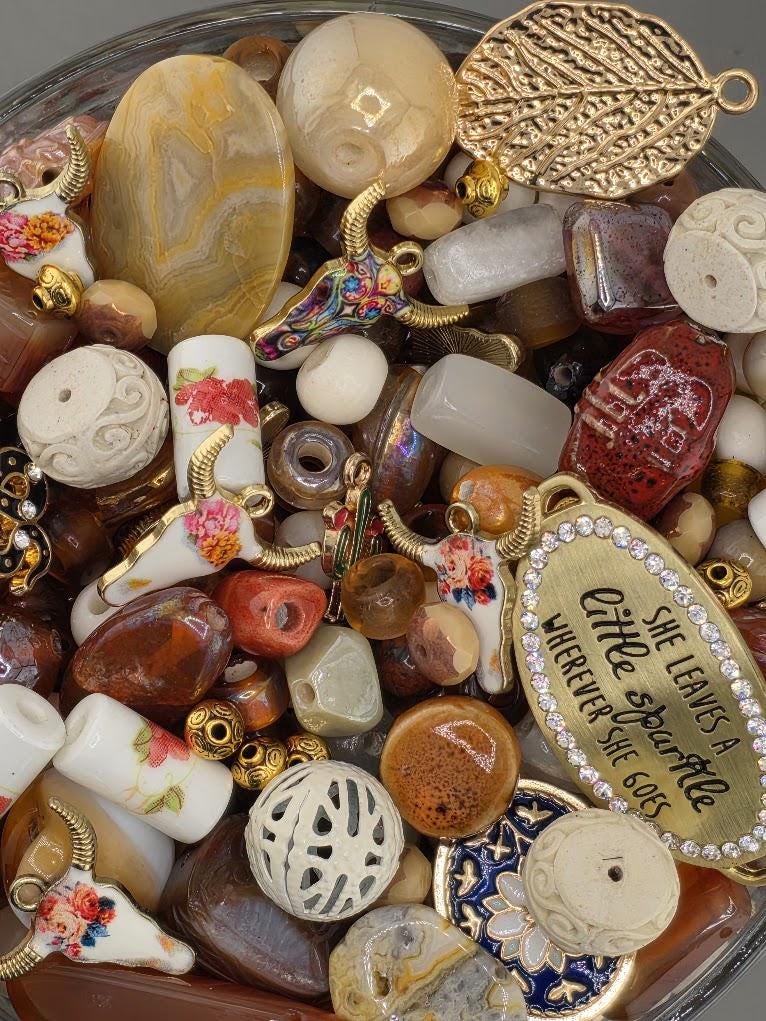 Western Bead Mix: Floral Longhorn Charms, Agate & Porcelain | Jewelry Making Bracelet Supply | Learise Curated Mix