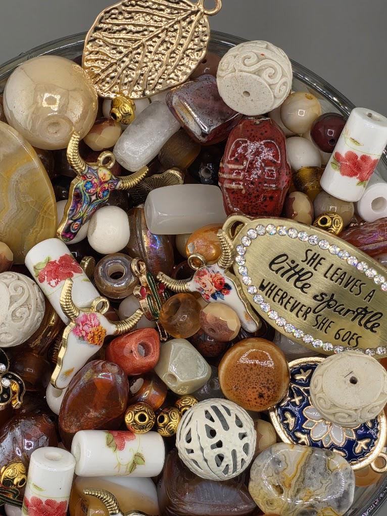 Western Bead Mix: Floral Longhorn Charms, Agate & Porcelain | Jewelry Making Bracelet Supply | Learise Curated Mix