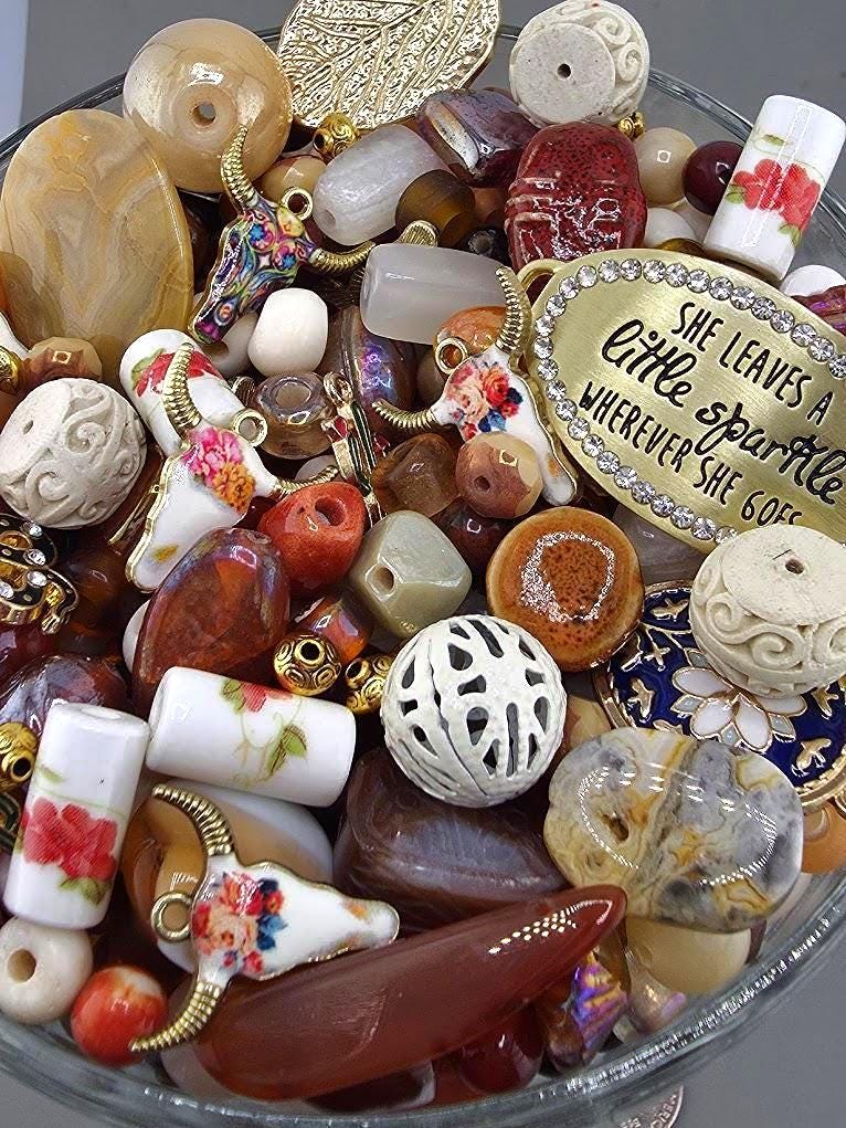 Western Bead Mix: Floral Longhorn Charms, Agate & Porcelain | Jewelry Making Bracelet Supply | Learise Curated Mix