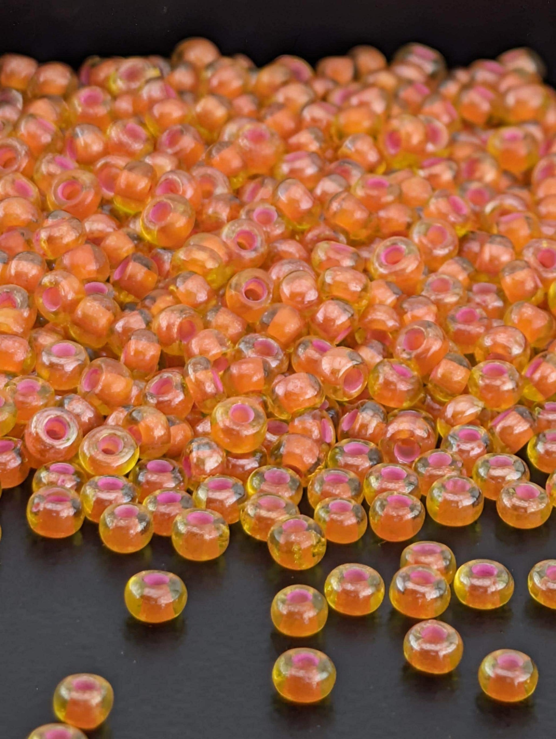 Translucent PinkLined Yellow Amber | Size 8 | 15g | Preciosa-Ornela Glass Seed Beads | Czech Seed Beads | Bead Weaving Embroidery Supply