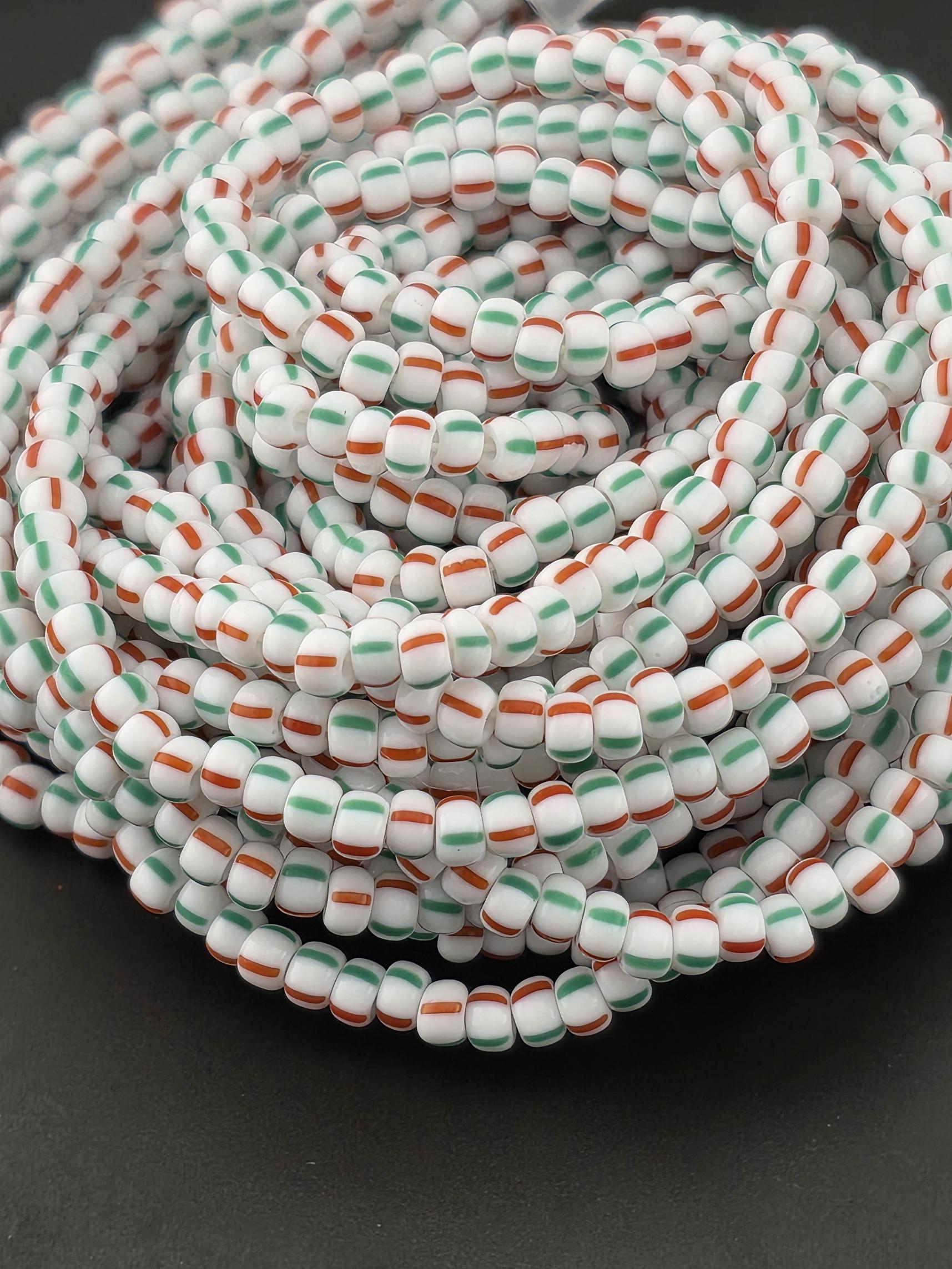 Opaque Chalk With RedGreen Stripes | Size 8 | Half-Hank (12" 6-String) | Preciosa-Ornela Glass Seed Beads