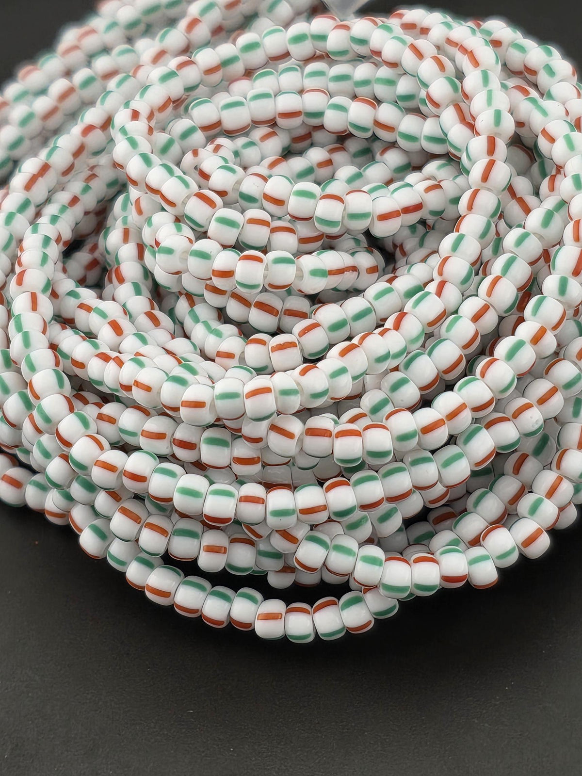 Opaque Chalk With RedGreen Stripes | Size 8 | Half-Hank (12" 6-String) | Preciosa-Ornela Glass Seed Beads