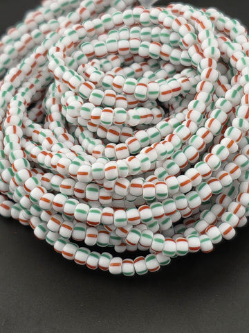 Opaque Chalk With RedGreen Stripes | Size 8 | Half-Hank (12" 6-String) | Preciosa-Ornela Glass Seed Beads