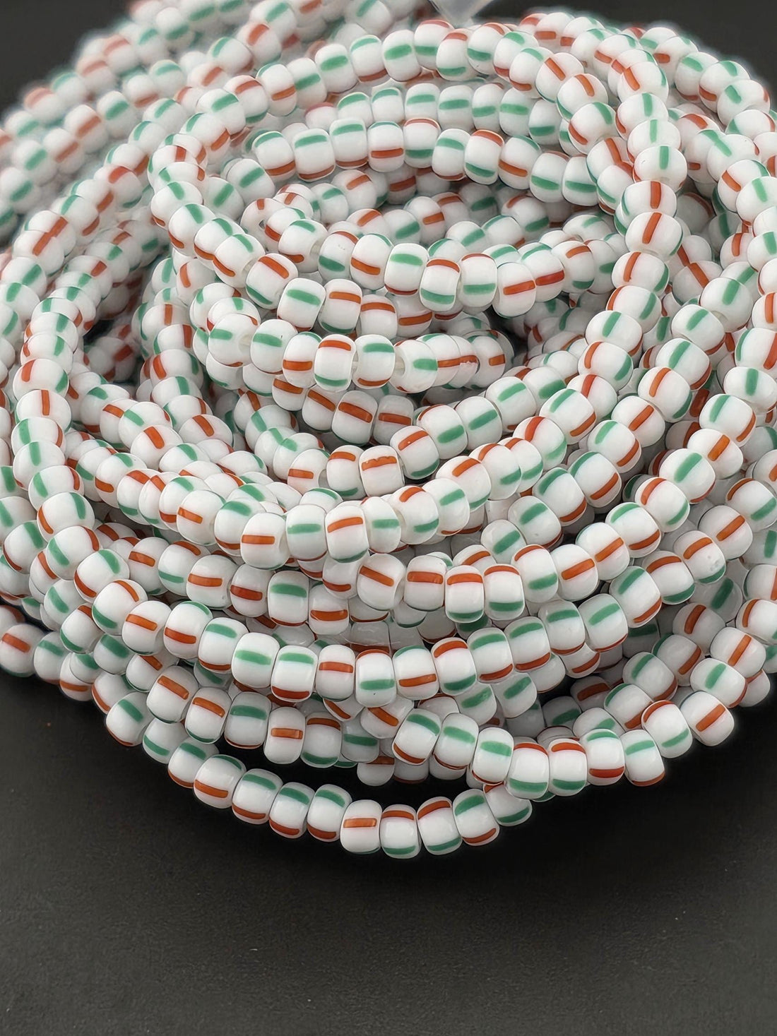 Opaque Chalk With RedGreen Stripes | Size 8 | Half-Hank (12" 6-String) | Preciosa-Ornela Glass Seed Beads | Czech Seed Beads