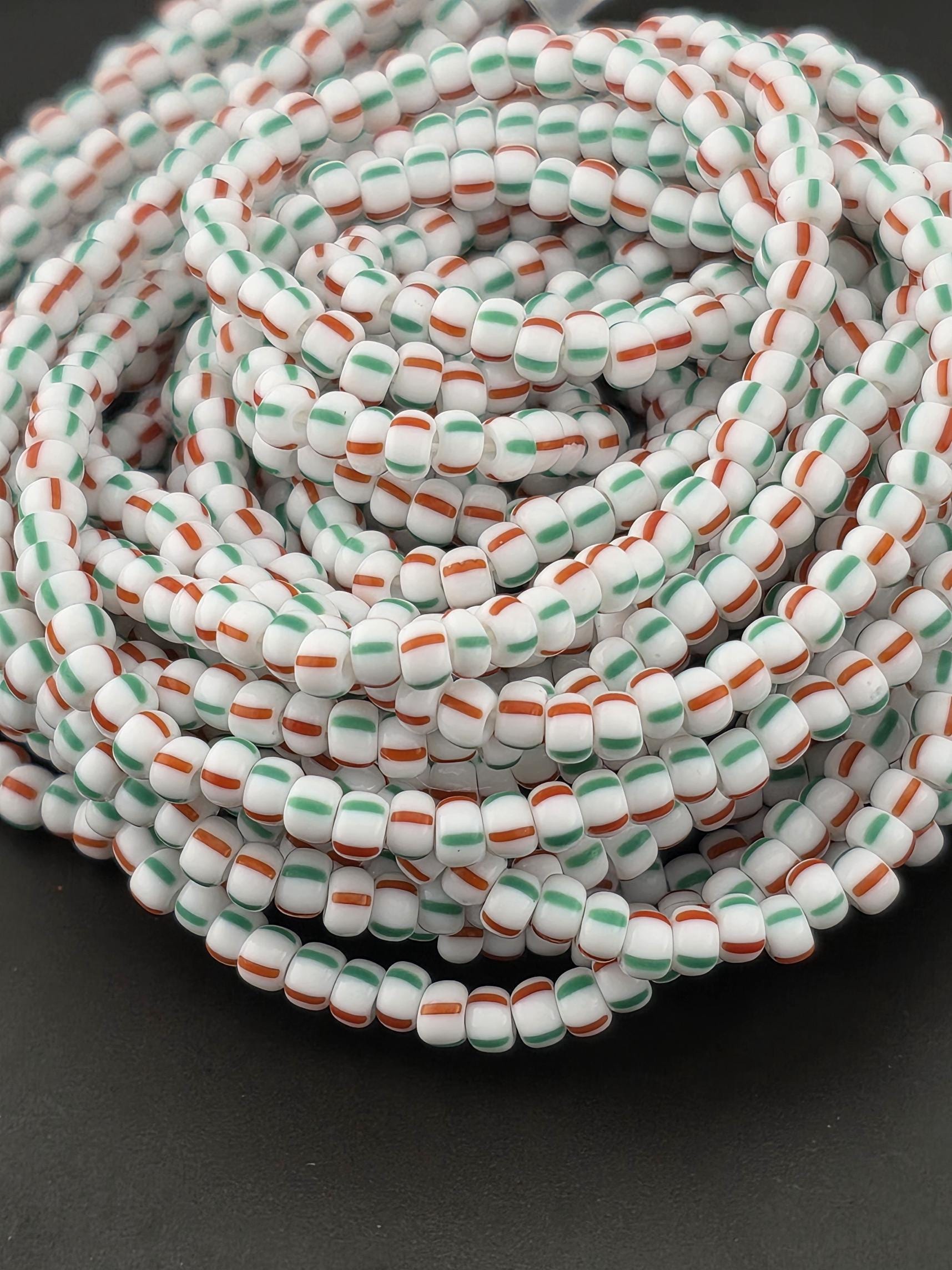 Opaque Chalk With RedGreen Stripes | Size 8 | Half-Hank (12" 6-String) | Preciosa-Ornela Glass Seed Beads | Czech Seed Beads