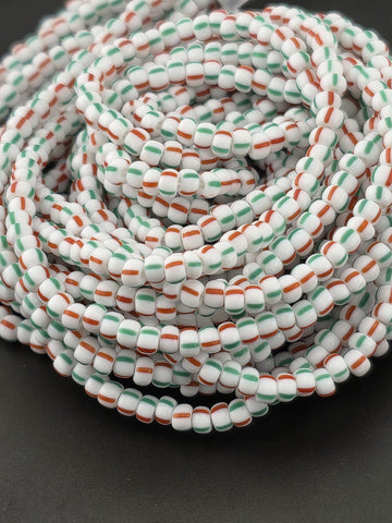 Opaque Chalk With RedGreen Stripes | Size 8 | Half-Hank (12" 6-String) | Preciosa-Ornela Glass Seed Beads | Czech Seed Beads