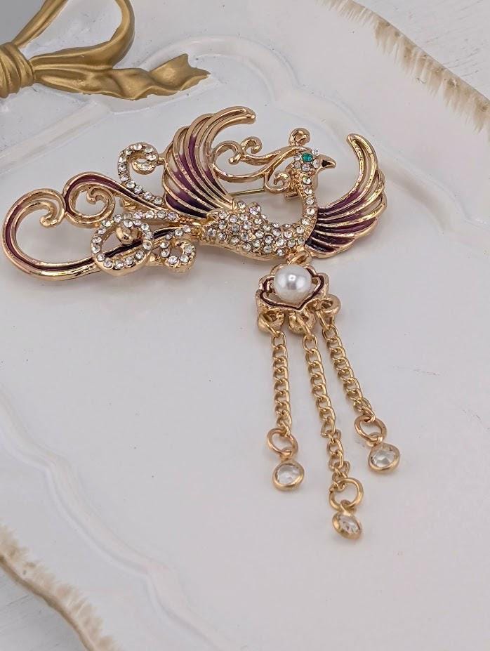 Gold Plated Phoenix Brooch: Yellow Enamel Pin, 1.5 Inch