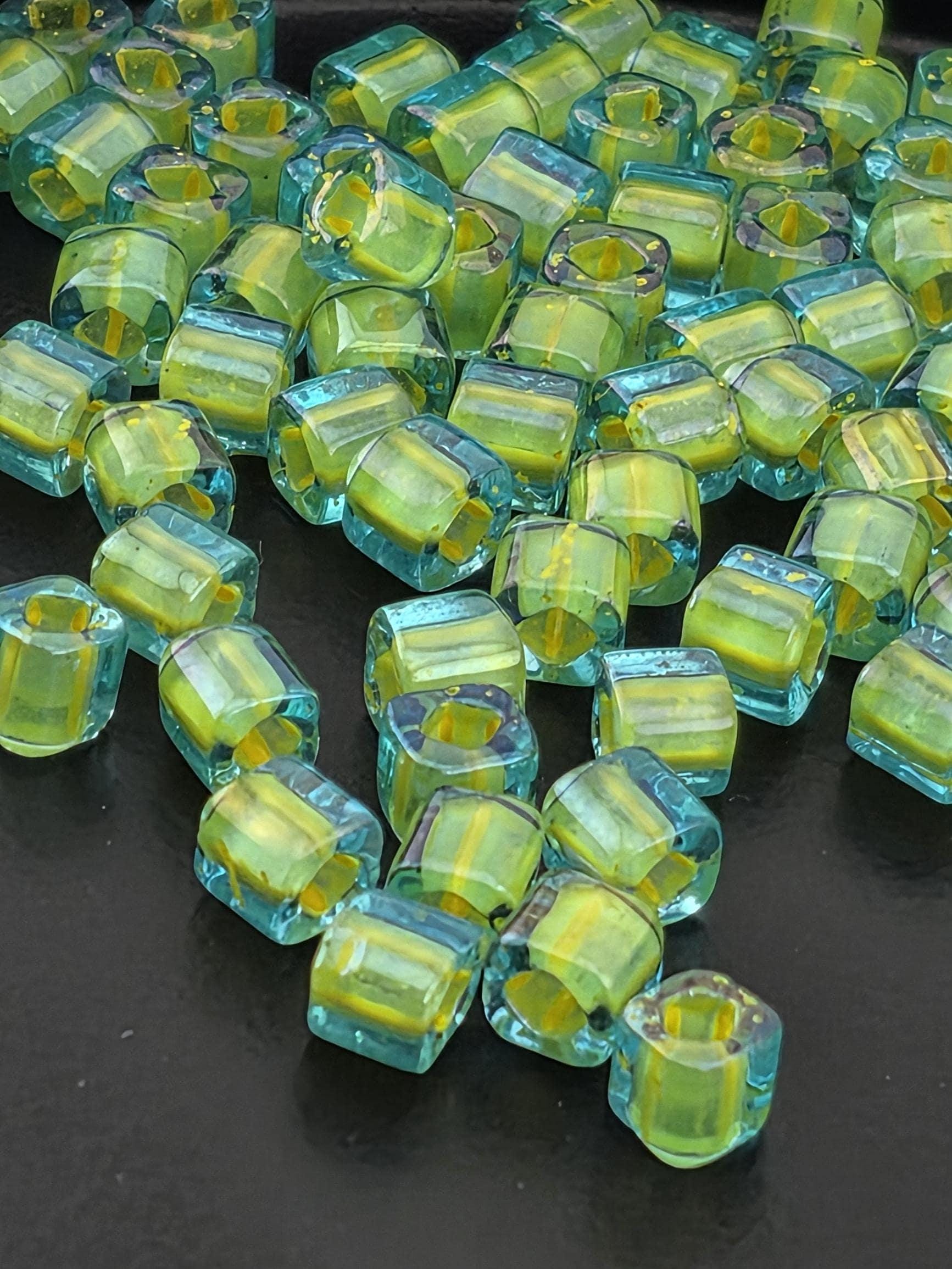 Precision Cut Cube Beads Japanese Toho Glass Premium Quality Inside Color Aqua Yellow Lined Jewelry Making Supplies Professional Beading Material Hiroshima Japan Crafted Square Shape Design Bracelet Components Necklace Elements Earring