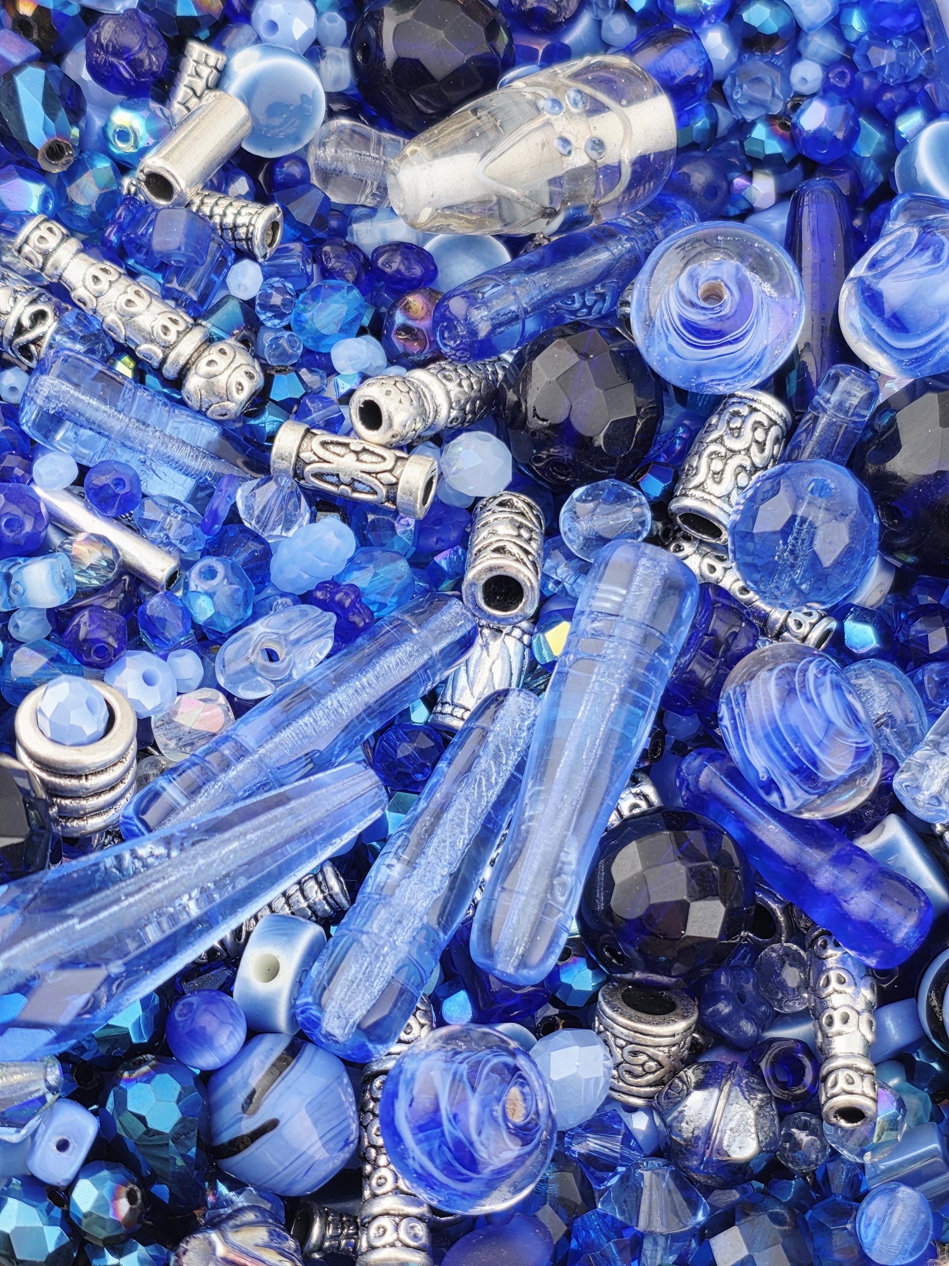 Icy Moonlight Blue and White Bead Soup Mix - Frosted Glass, Unique Shapes | Jewelry Making Bracelet Supply | Learise Curated Mix