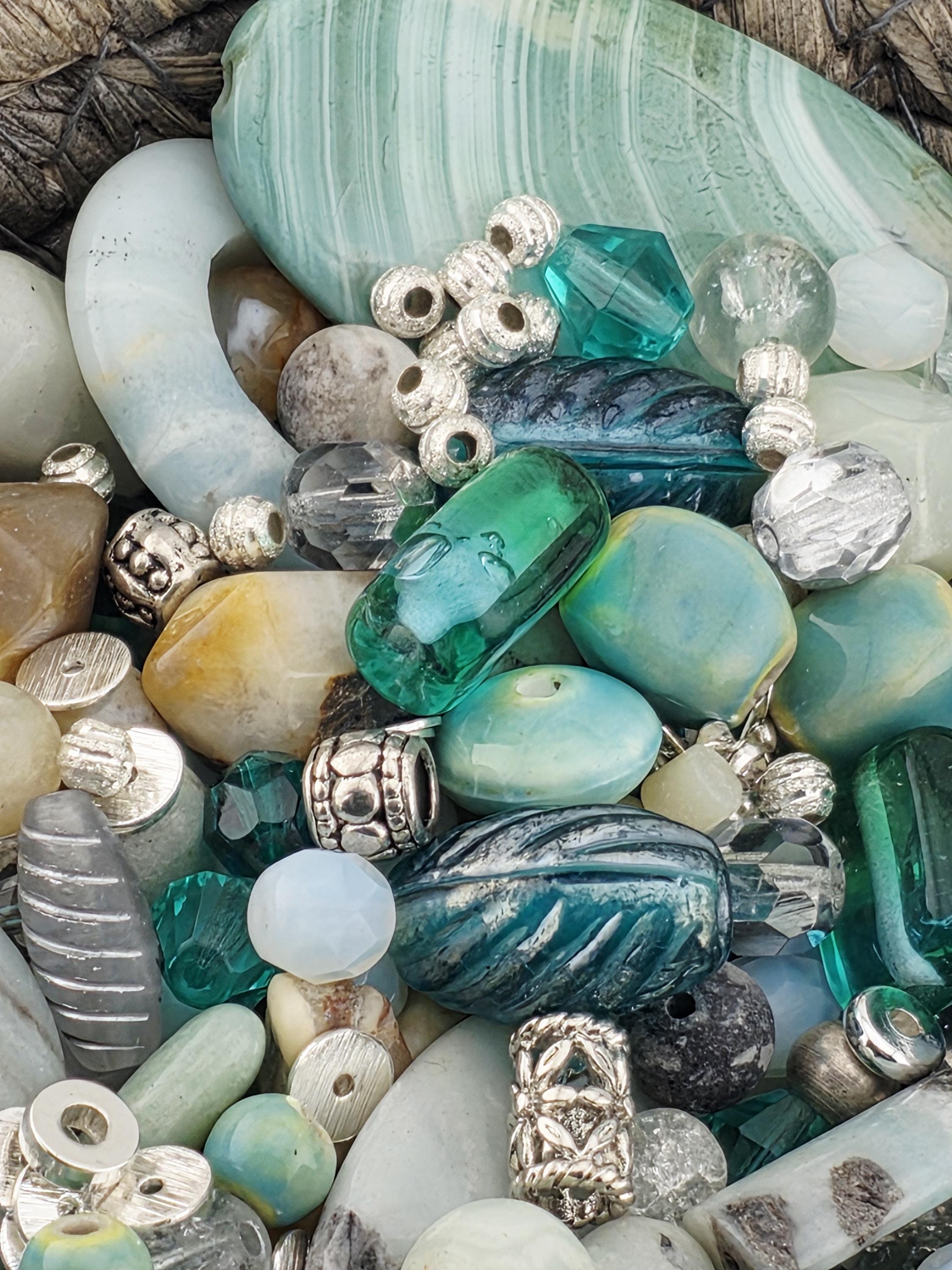 Sterling Seafoam Amazonite Beads, Silver Links (2 Ounce Mix) | Jewelry Making Bracelet Supply | Learise Curated Mix