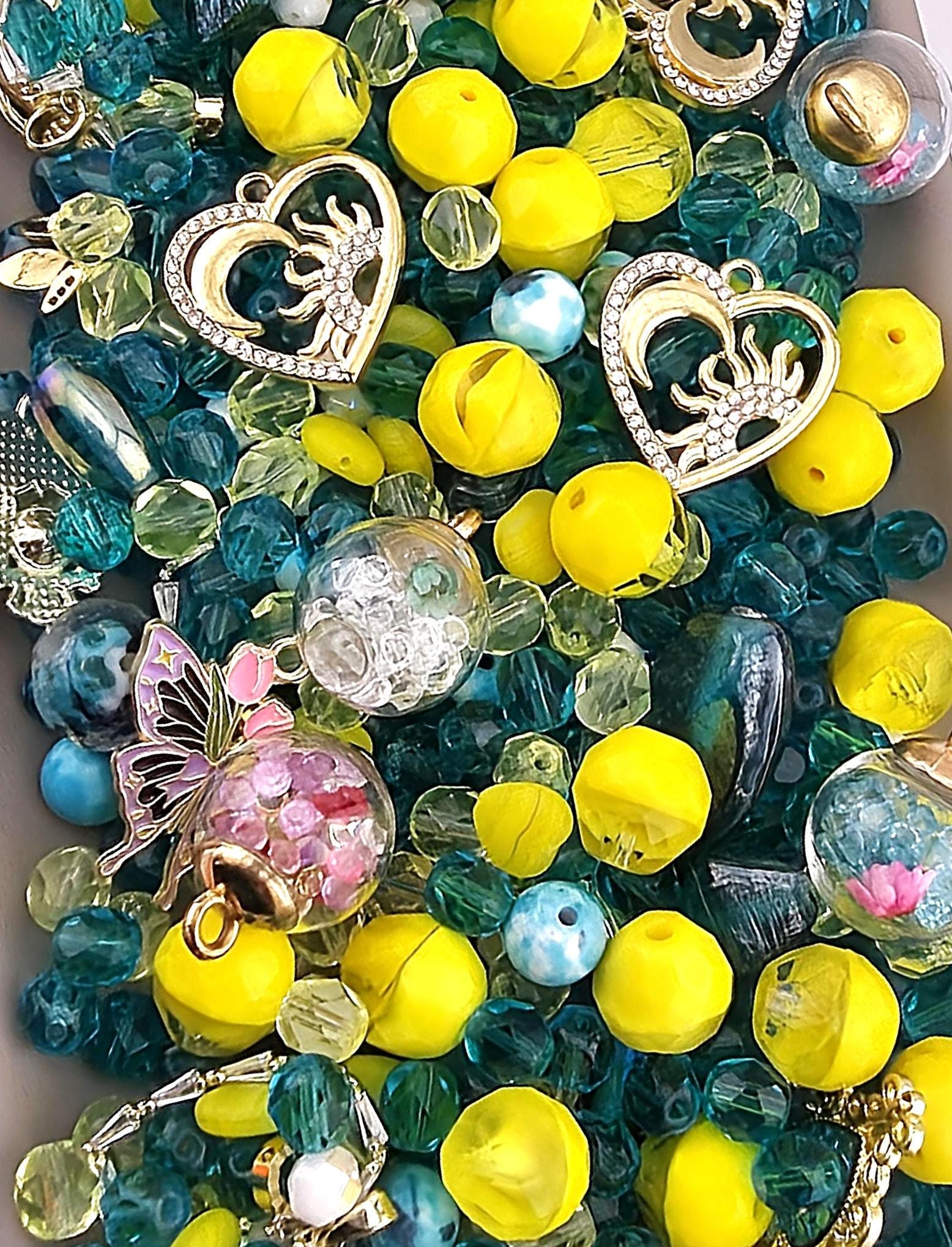 Glass Bead Mix: Bright Yellow and Blue - Flower Charms Included | Jewelry Making Bracelet Supply | Learise Curated Mix