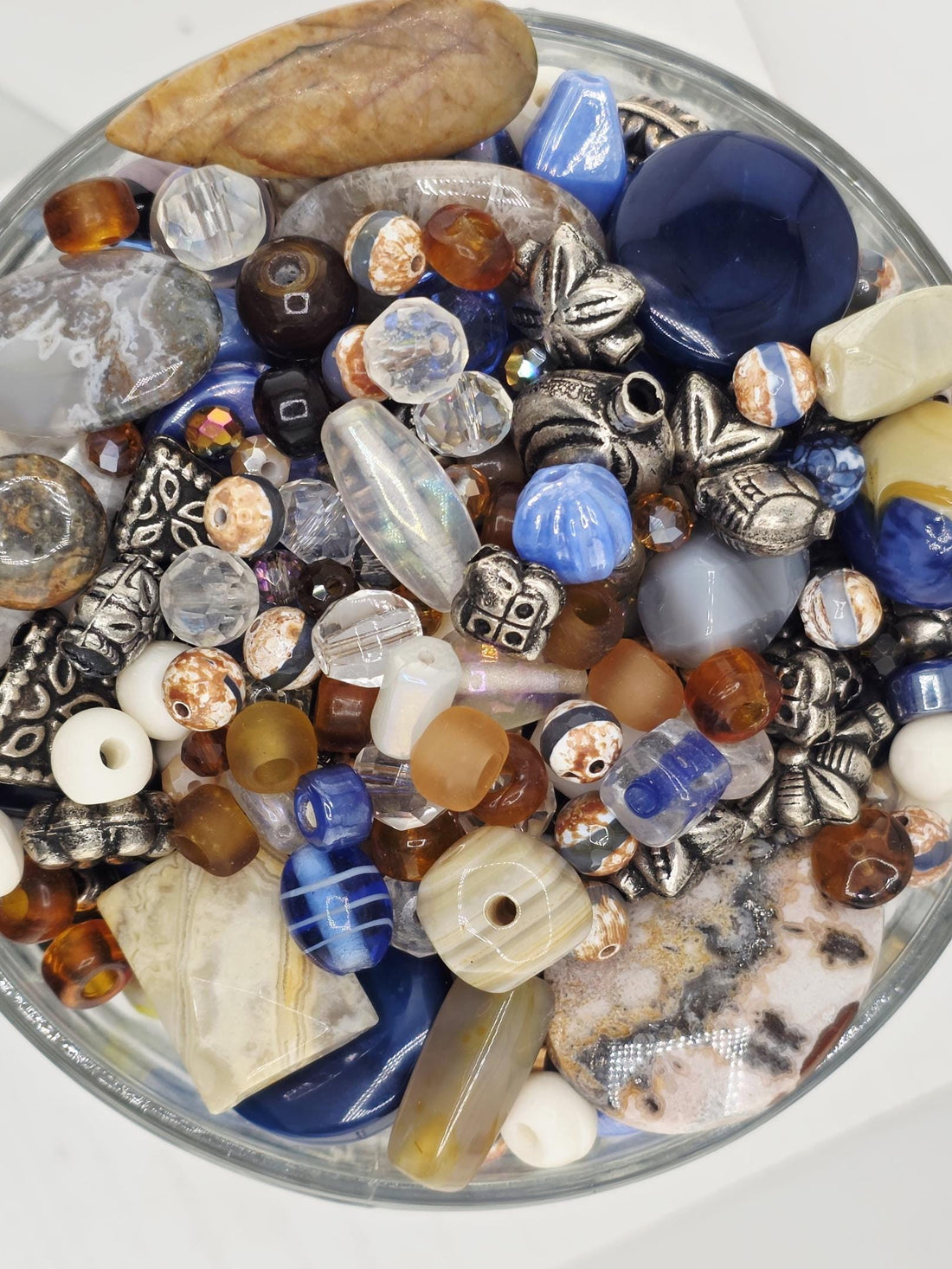 2oz "Loom With a view" Glass Bead Mix Blue, brown & white with Metal Sea Life Charms